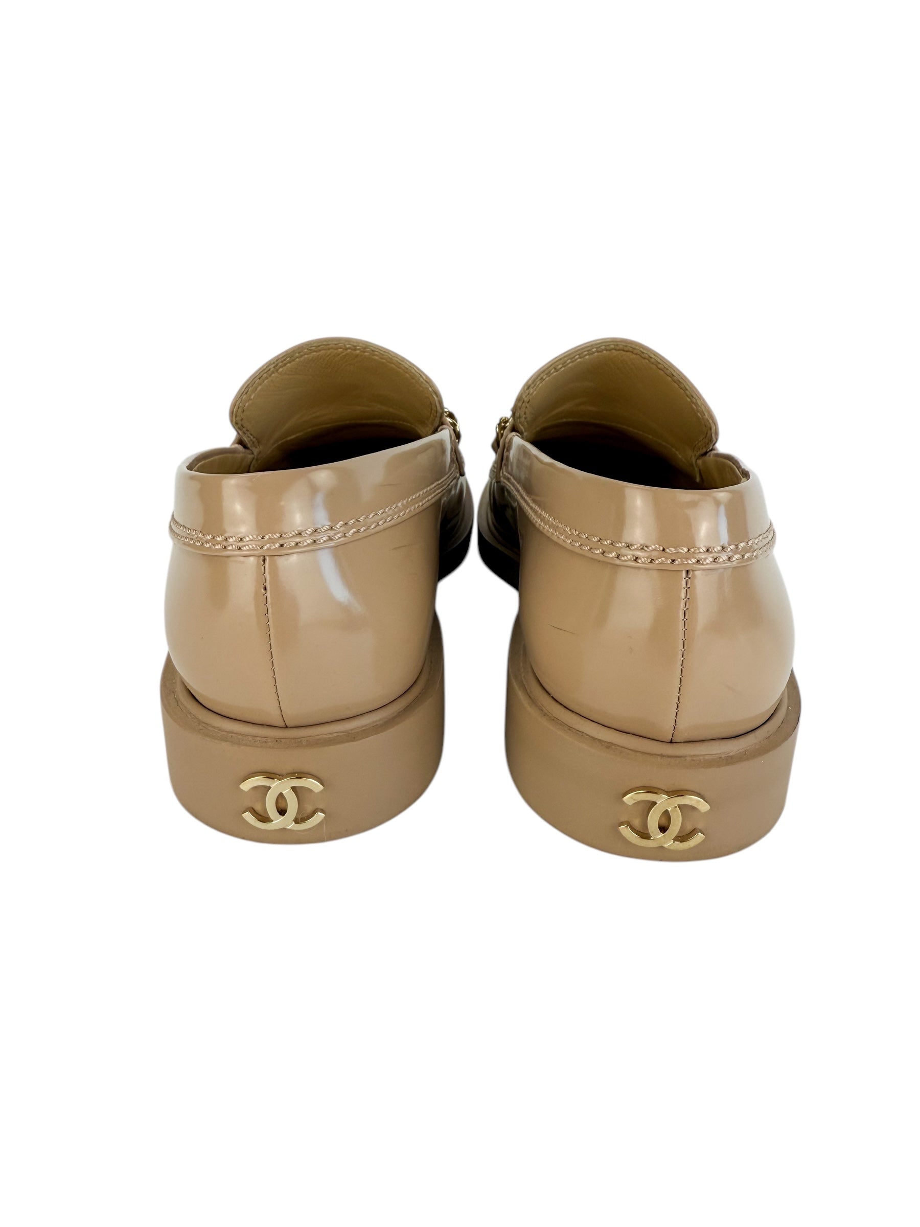 Chanel Beige Shiny Calfskin Loafers Size 37 (Full Set)