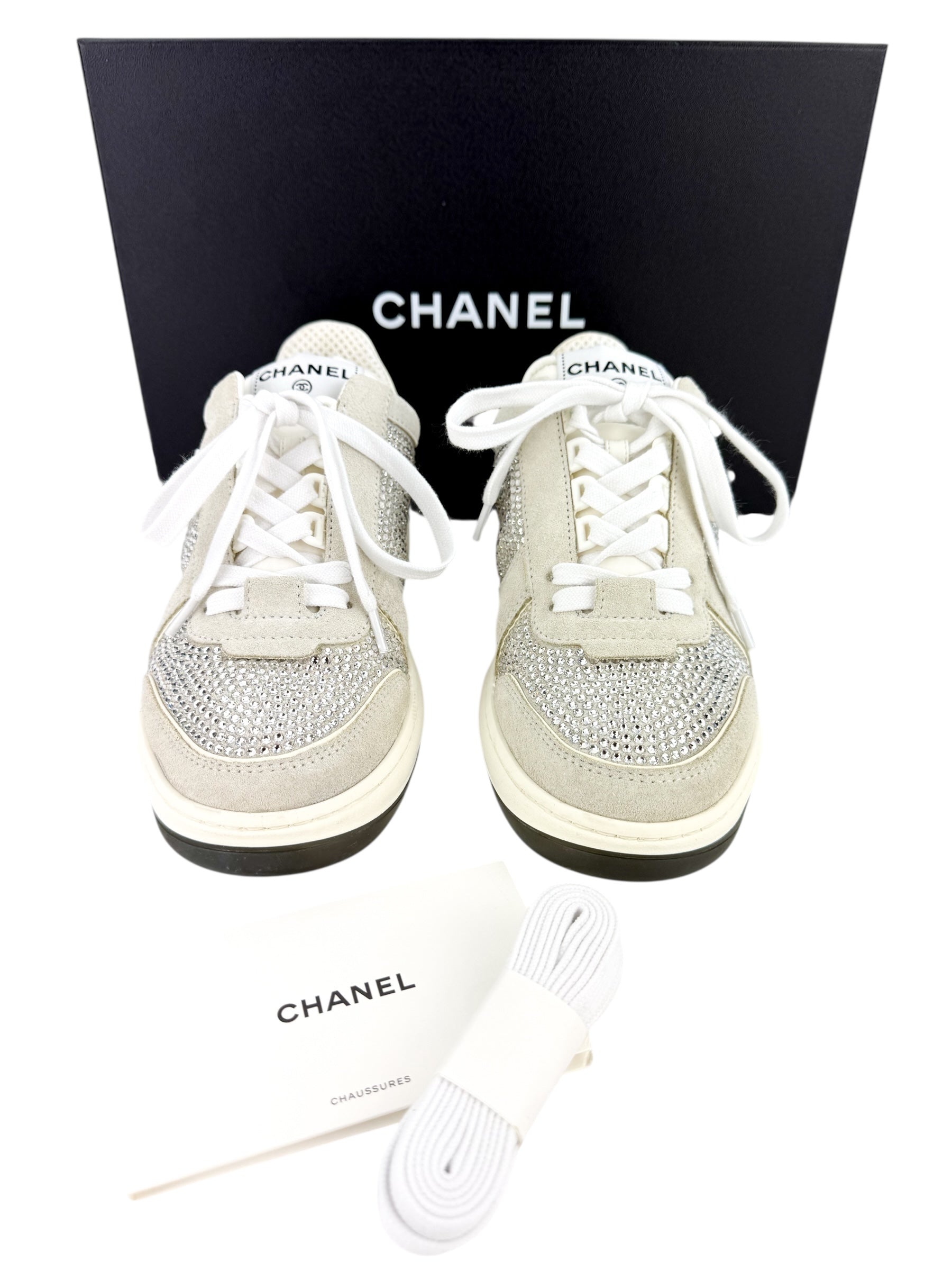 Chanel Suede Crystal CC Sneakers Size 36