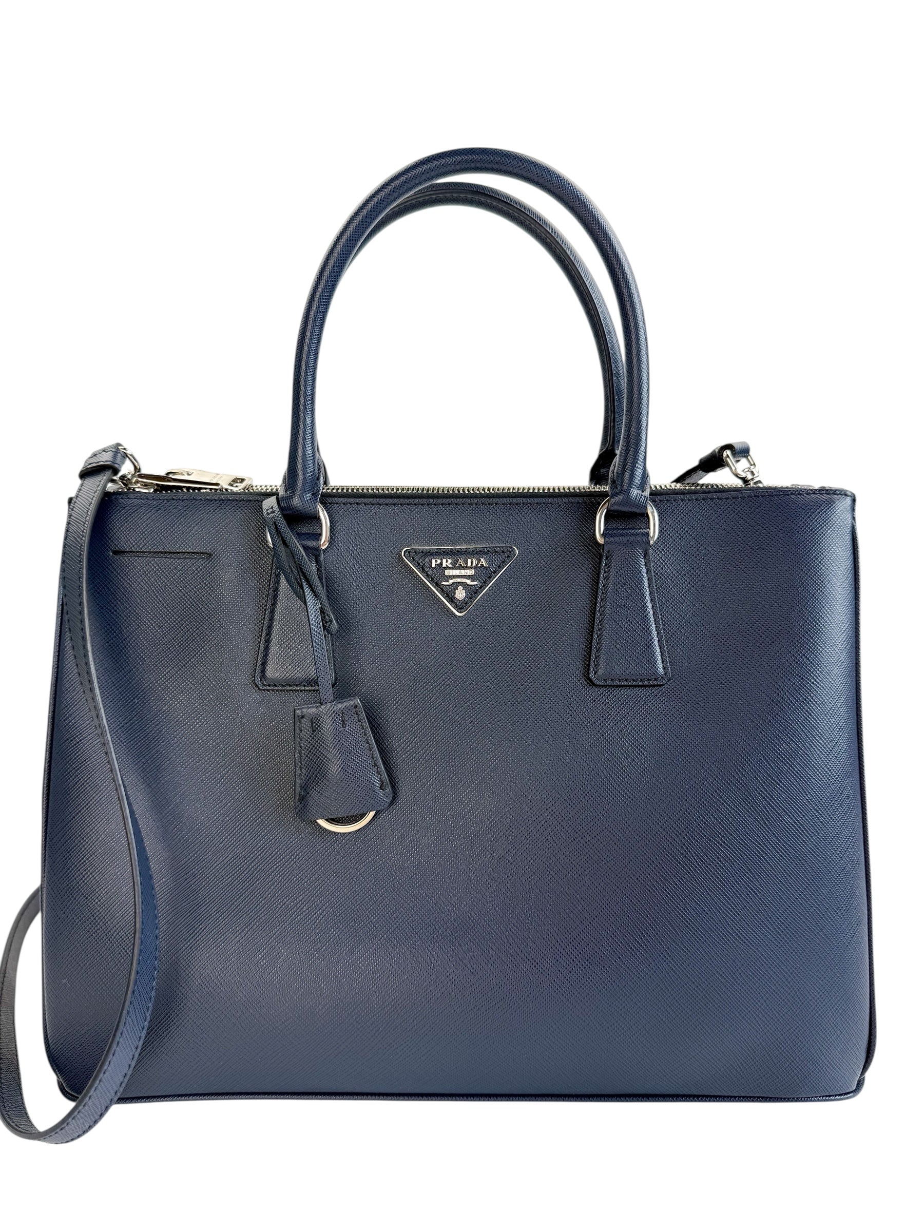 Prada Navy Saffiano Leather Double Zip Tote