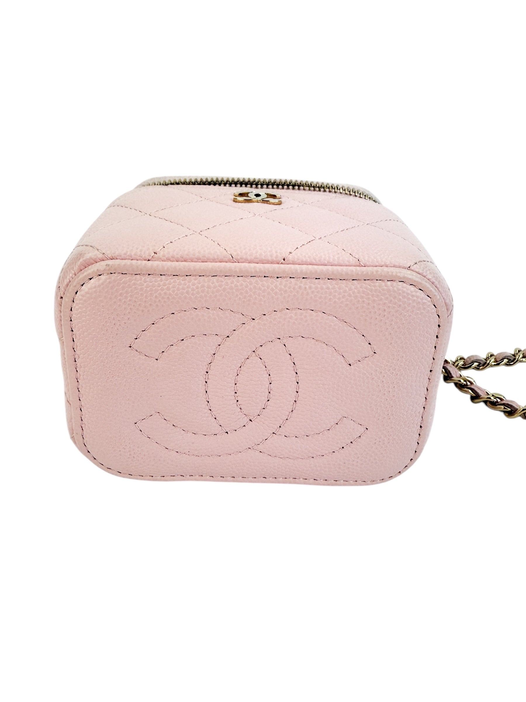 Chanel Light Pink Quilted Caviar Mini Vanity Case