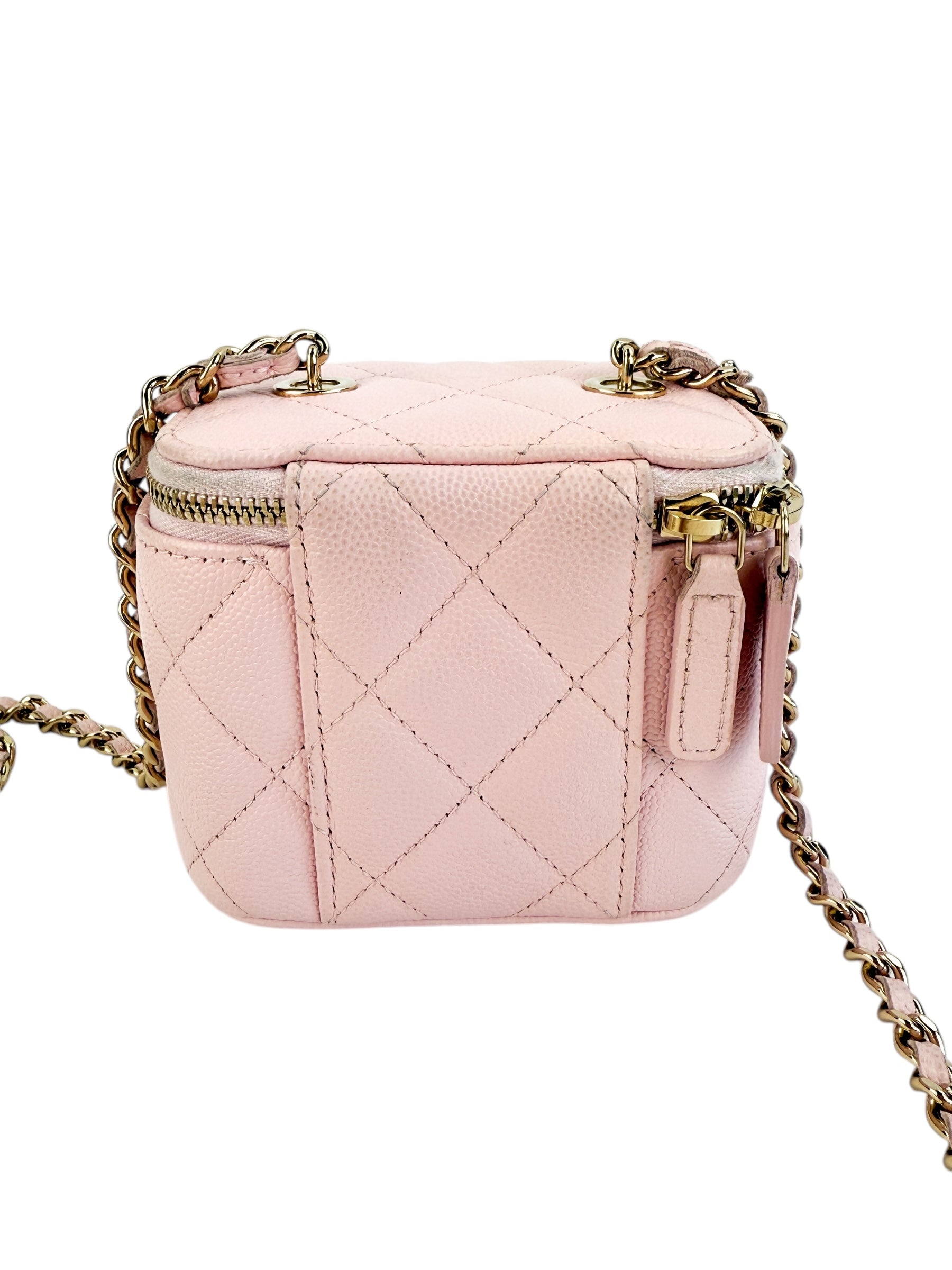 Chanel Light Pink Quilted Caviar Mini Vanity Case