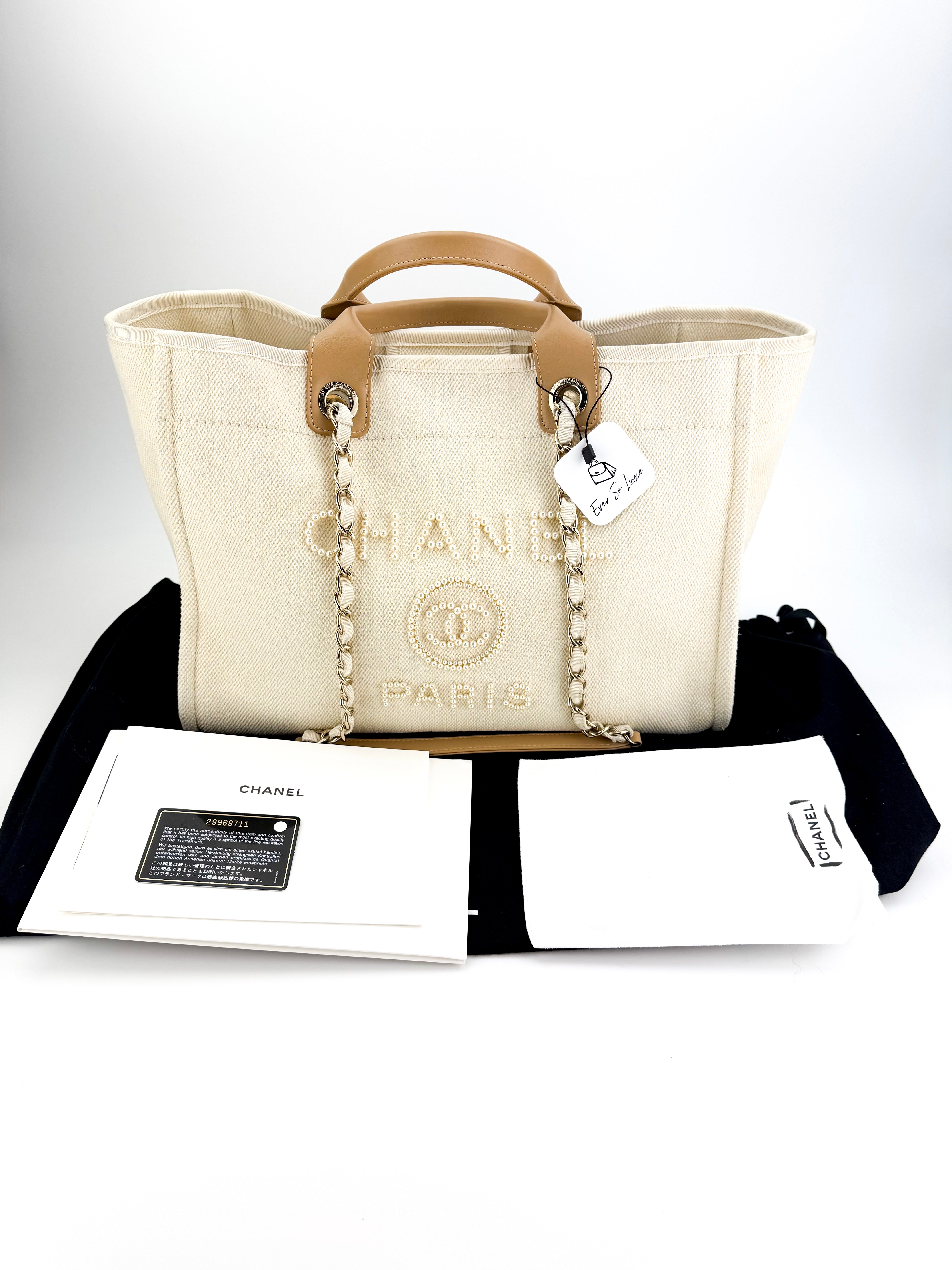 Chanel Canvas Pearl Large Deauville Tote Ecru Beige