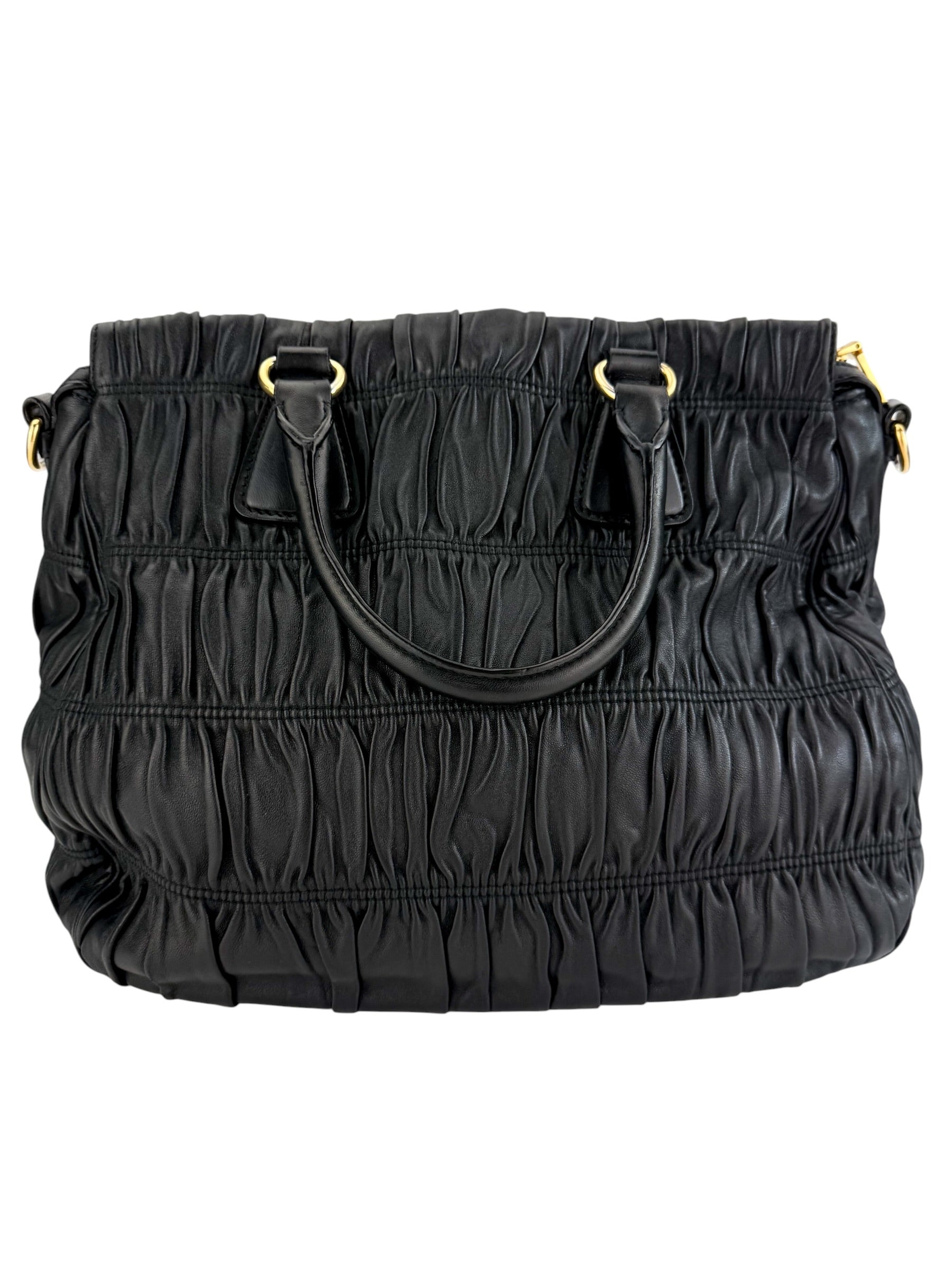 Prada Nappa Gaufre Ruched Leather Tote Bag Black