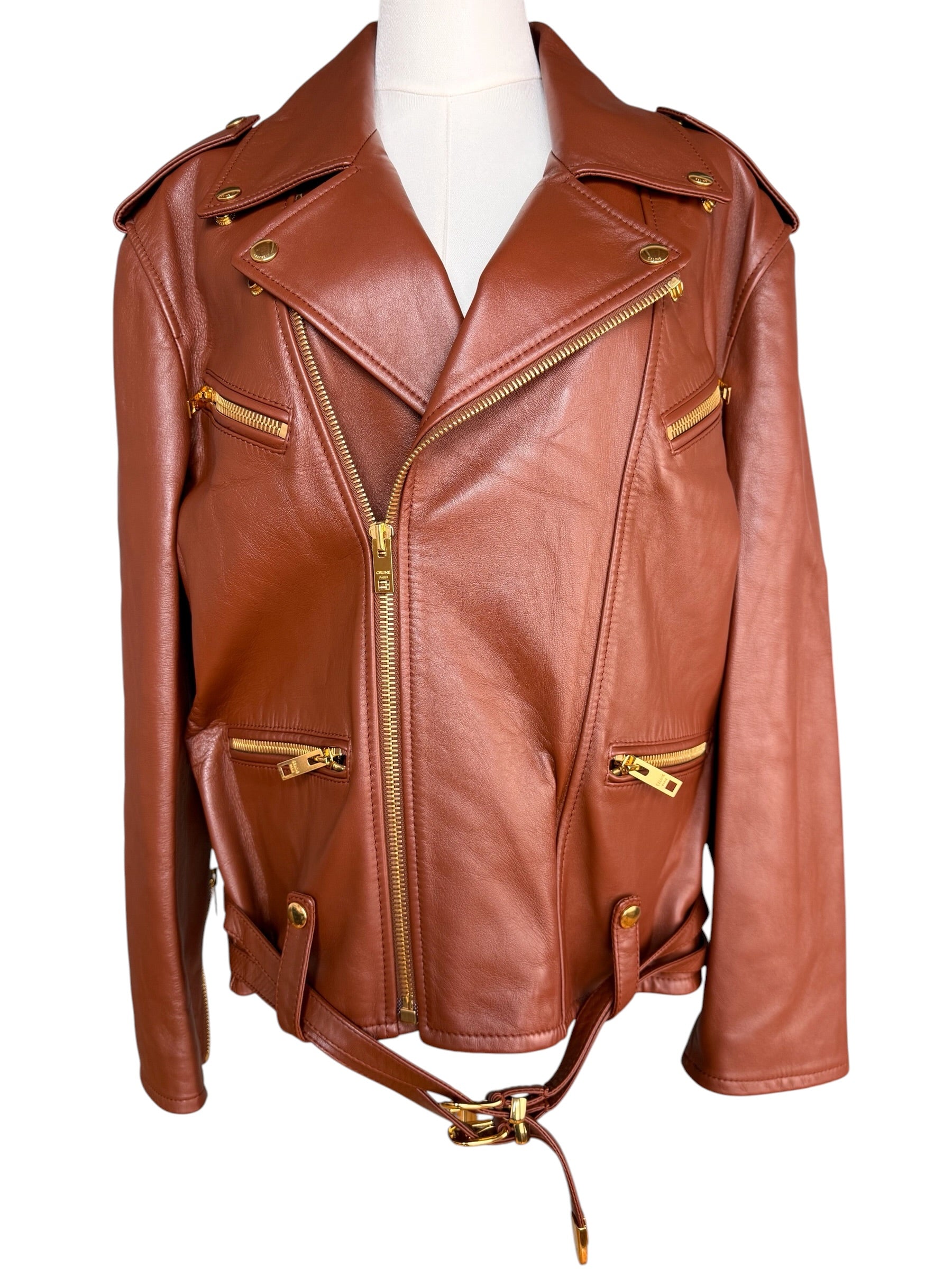 Celine 2023 Leather Biker Jacket Brown Size FR36 | S/M (NWT)