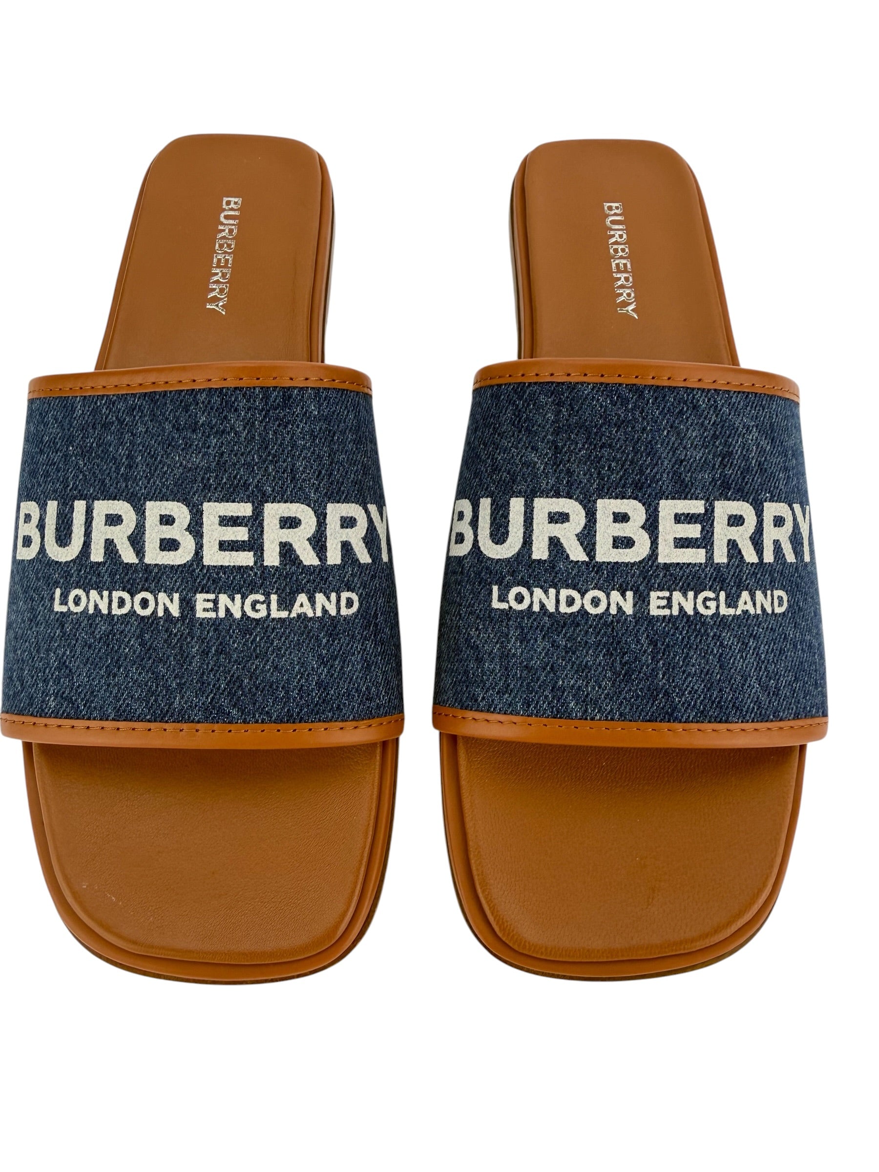 Burberry Carolyn Slide Denim Brown Leather Size 38