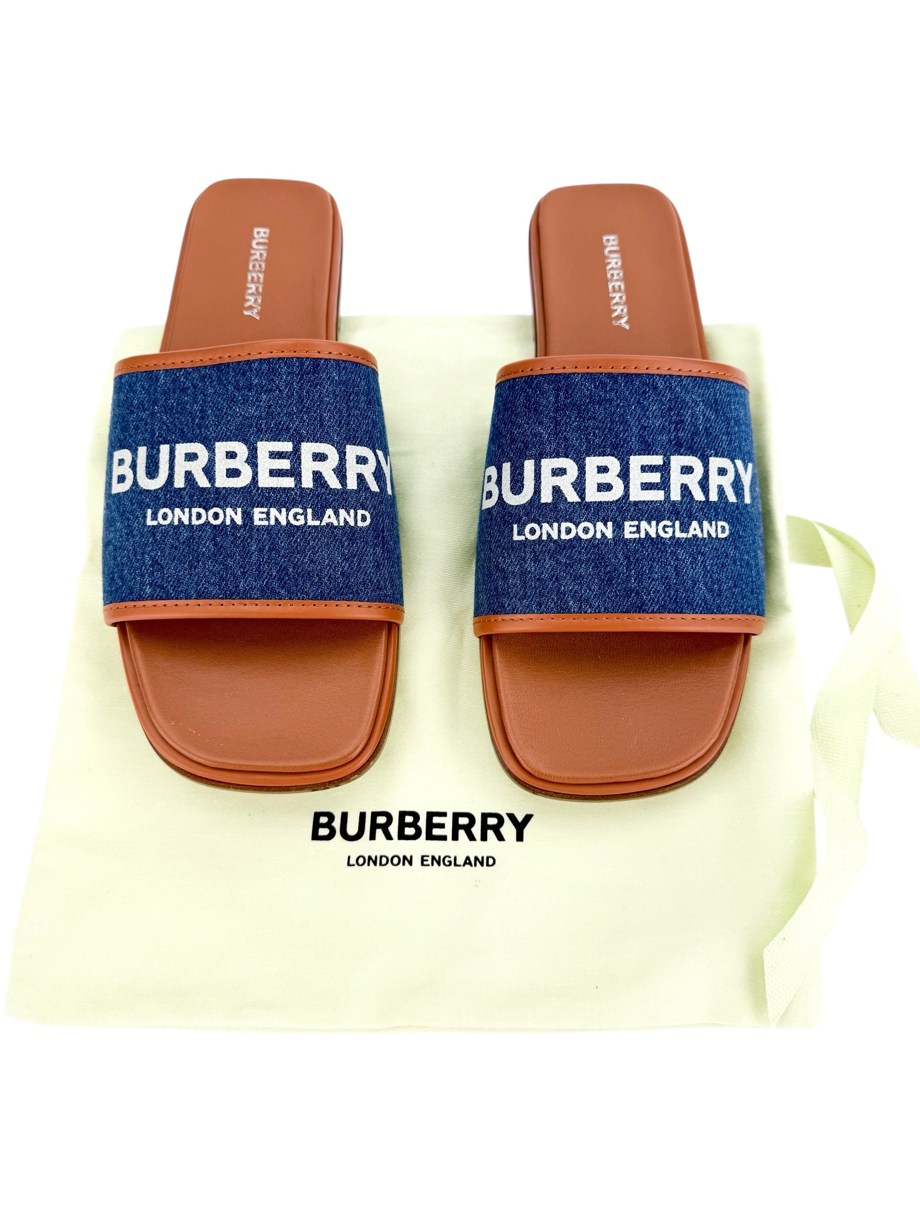 Burberry Carolyn Slide Denim Brown Leather Size 38