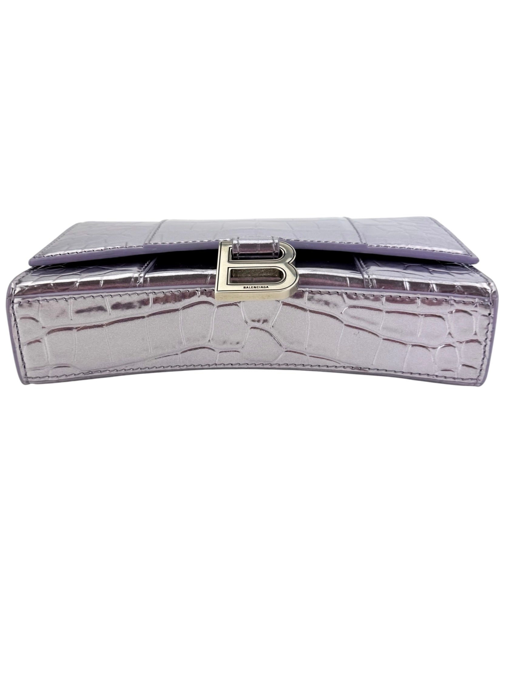 Balenciaga Croc Embossed Hourglass Chain Wallet Metallic Lilac
