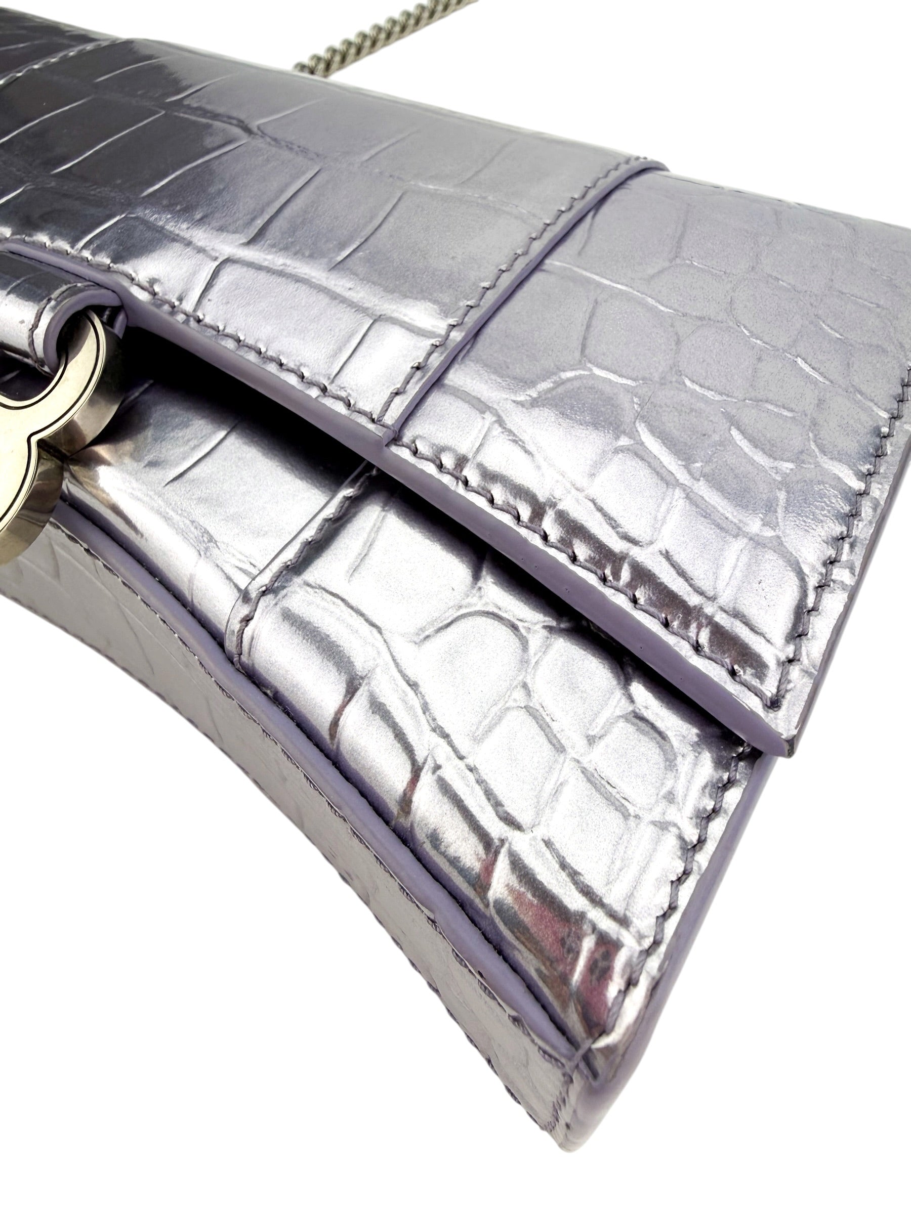 Balenciaga Croc Embossed Hourglass Chain Wallet Metallic Lilac