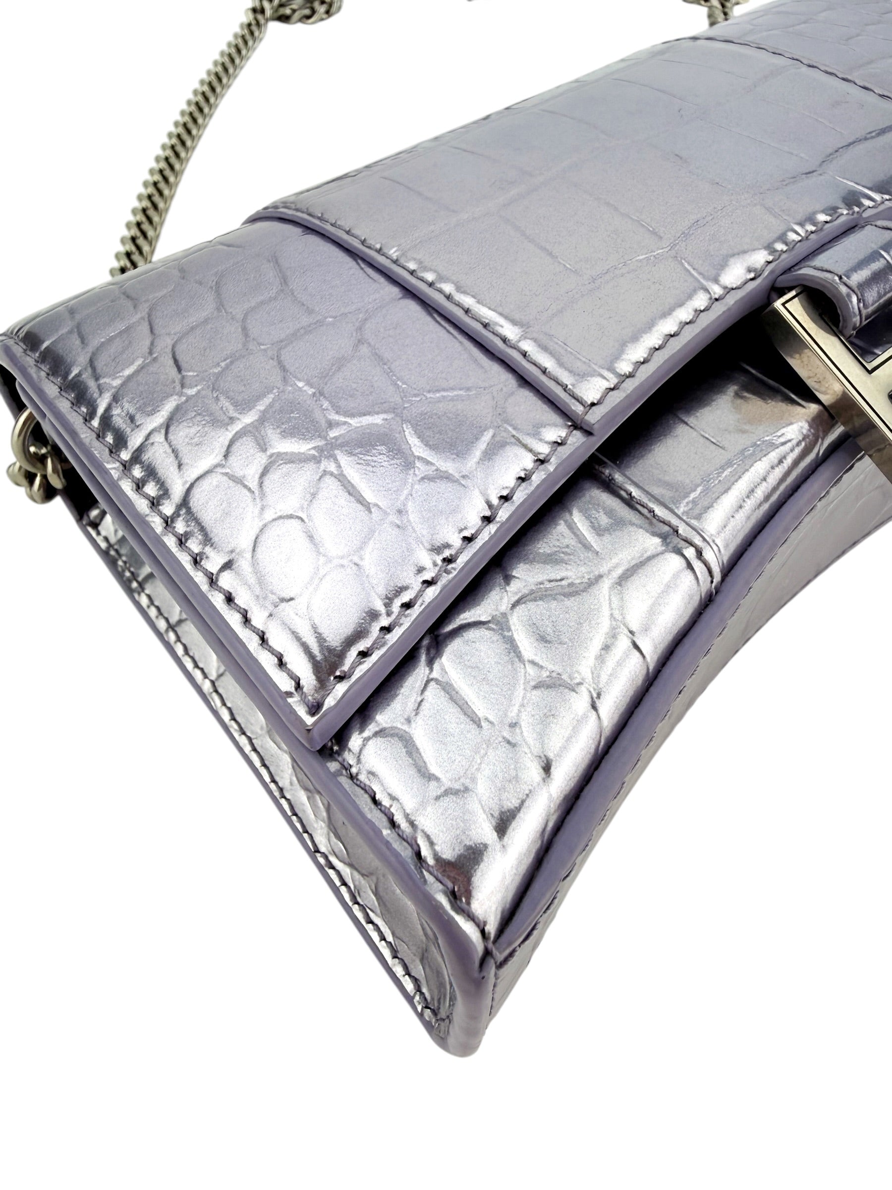 Balenciaga Croc Embossed Hourglass Chain Wallet Metallic Lilac