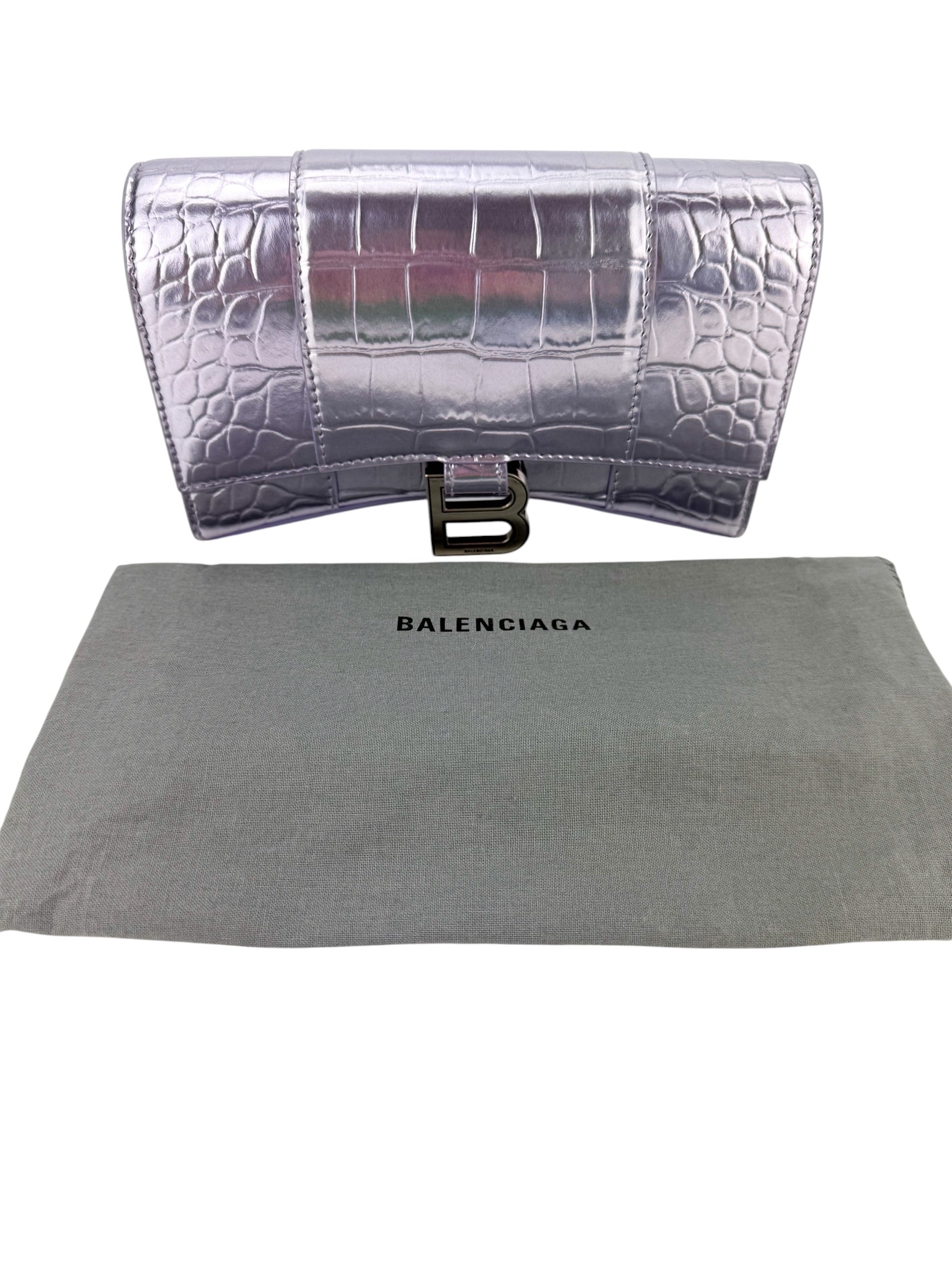 Balenciaga Croc Embossed Hourglass Chain Wallet Metallic Lilac