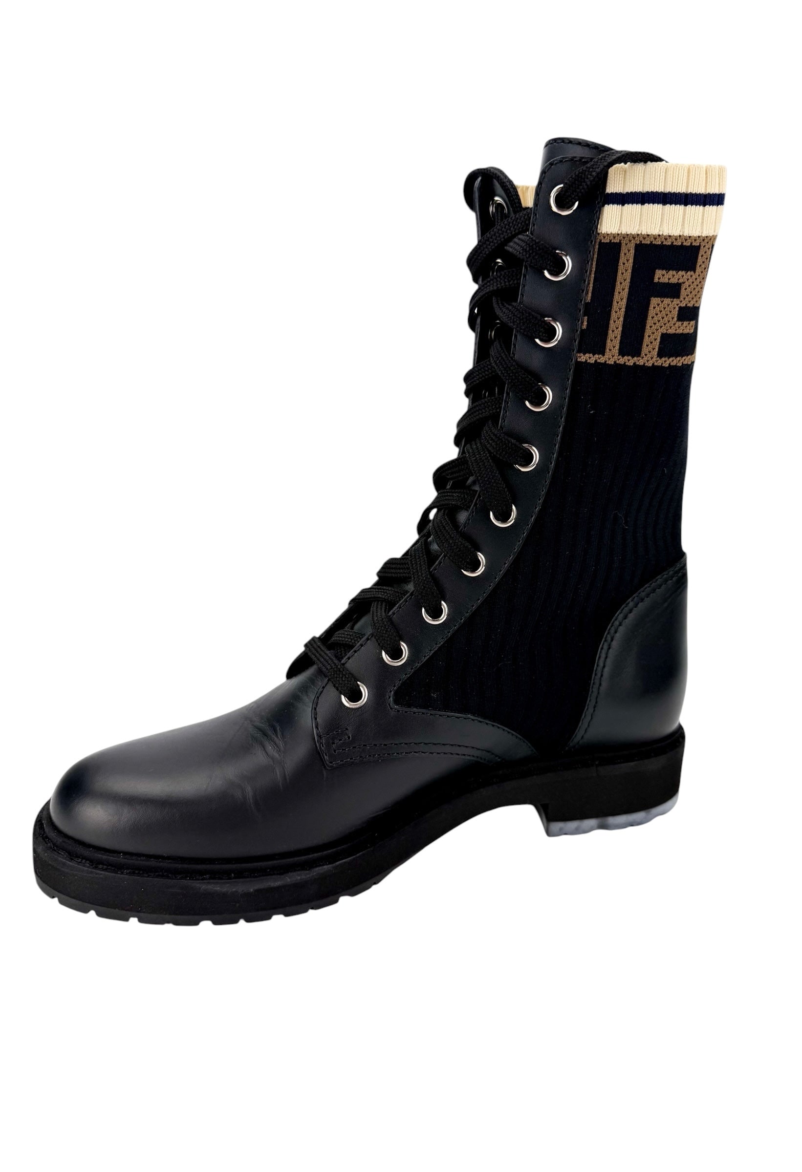 Fendi Rockoko Leather Combat Boot with FF Cuff Size 37.5 (NIB)