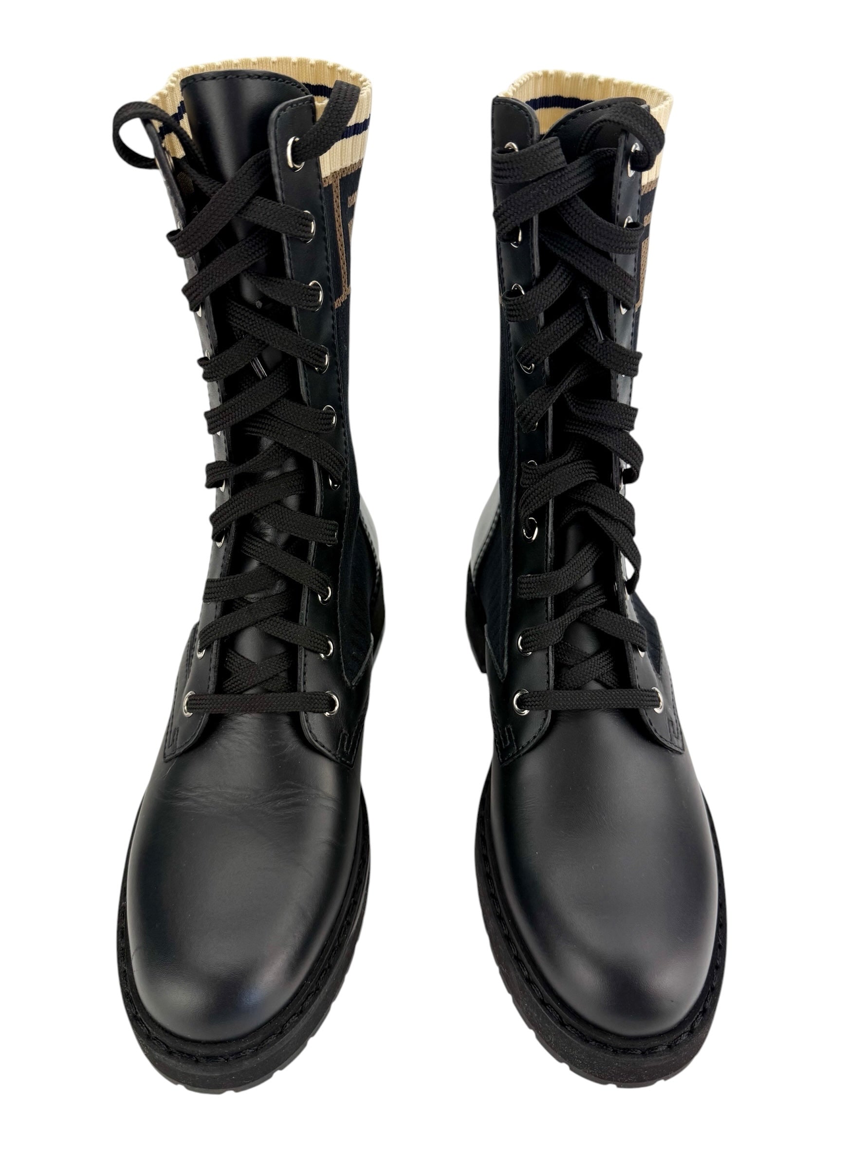 Fendi Rockoko Leather Combat Boot with FF Cuff Size 37.5 (NIB)