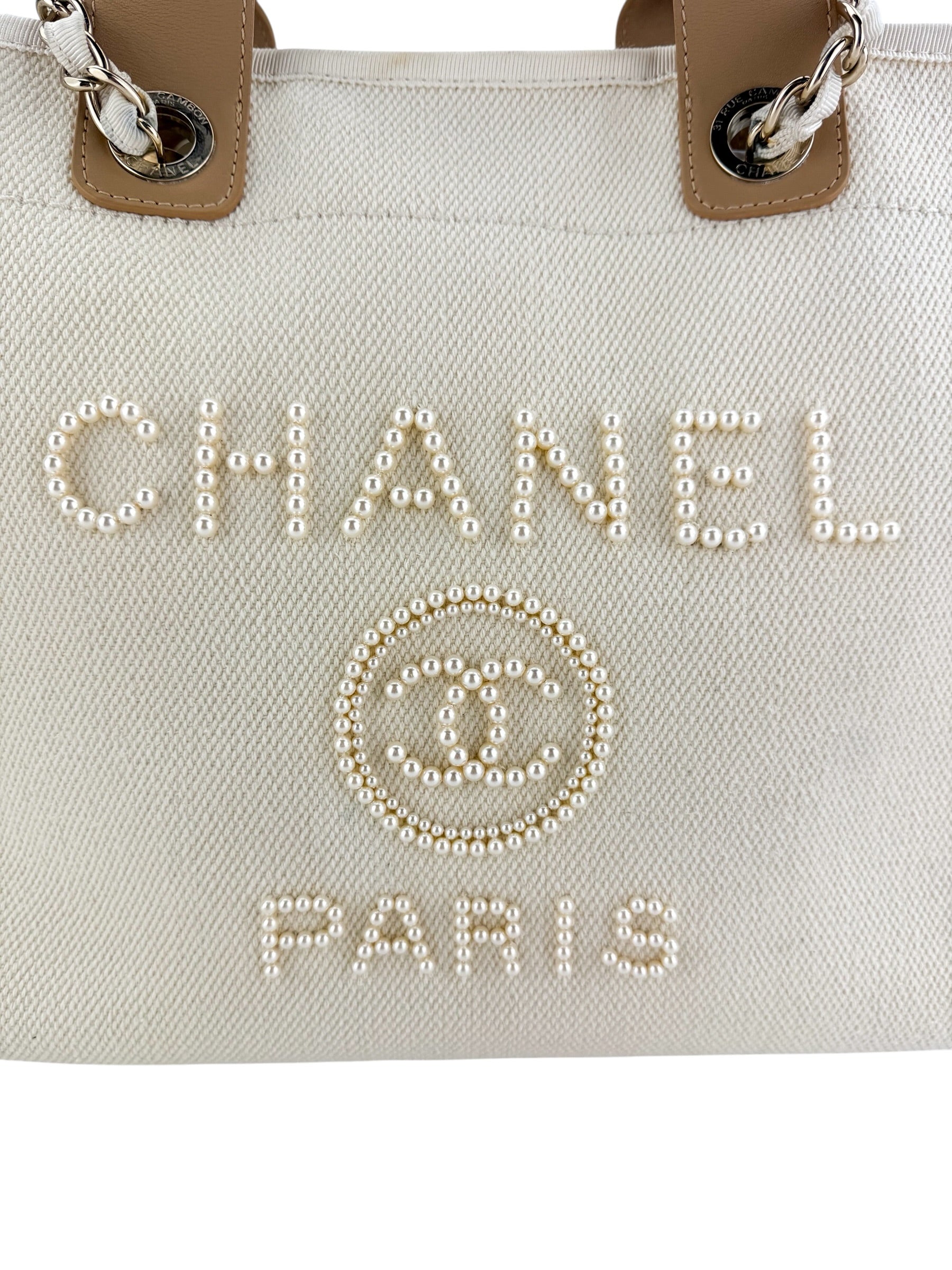 Chanel Canvas Pearl Large Deauville Tote Ecru Beige