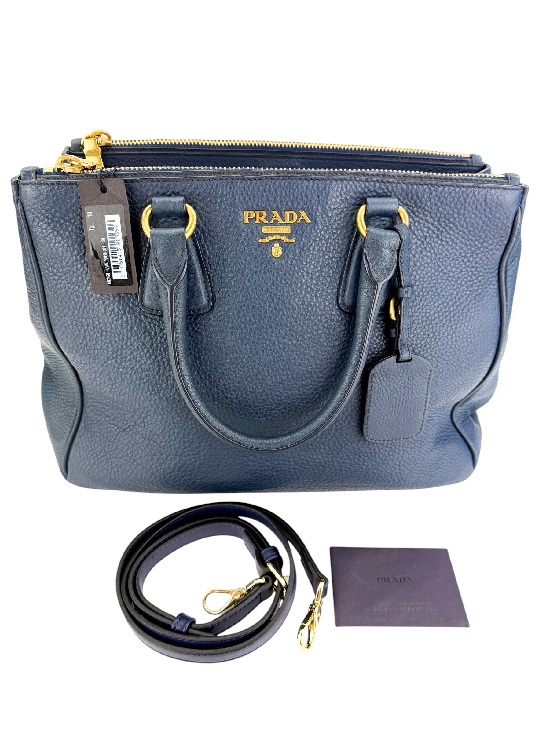Prada Vitello Daino Double Zip Tote Navy