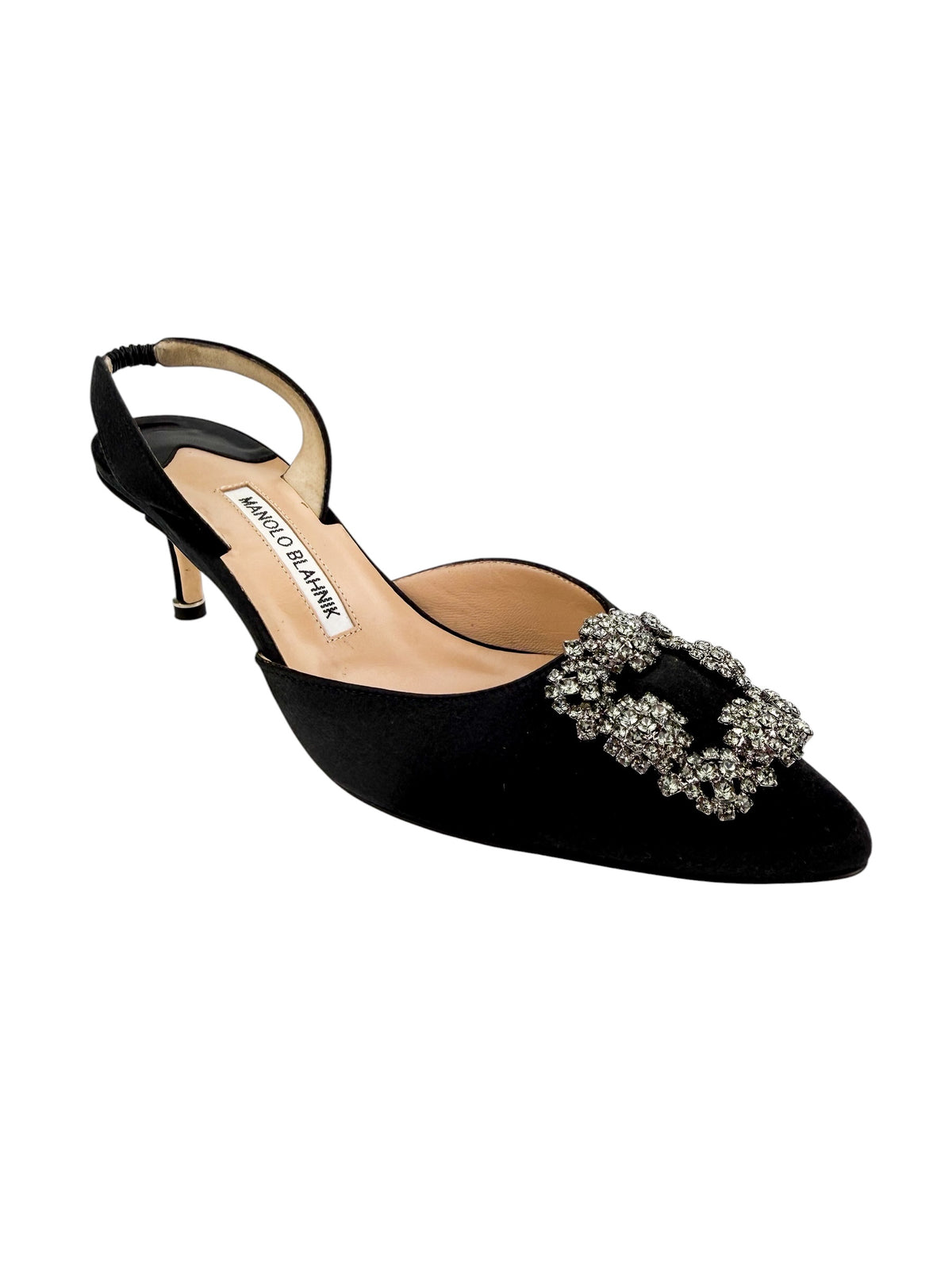 Manolo Blahnik Hangisli Black Satin Slingback Pumps Size 38