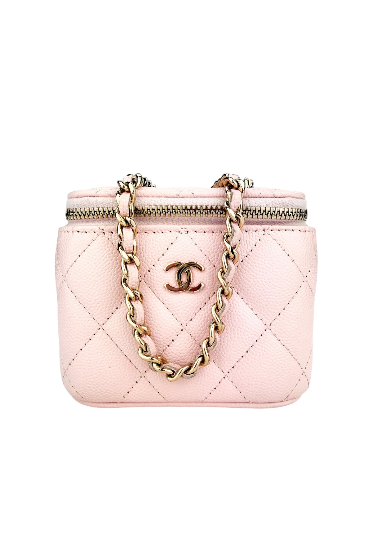 Chanel Light Pink Quilted Caviar Mini Vanity Case