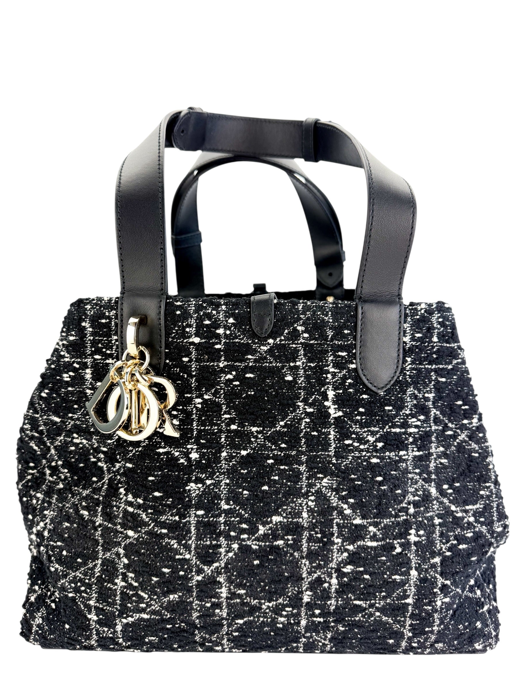 Christian Dior Tweed Cannage Medium Toujours Black White w/ Pouch (Full Set)