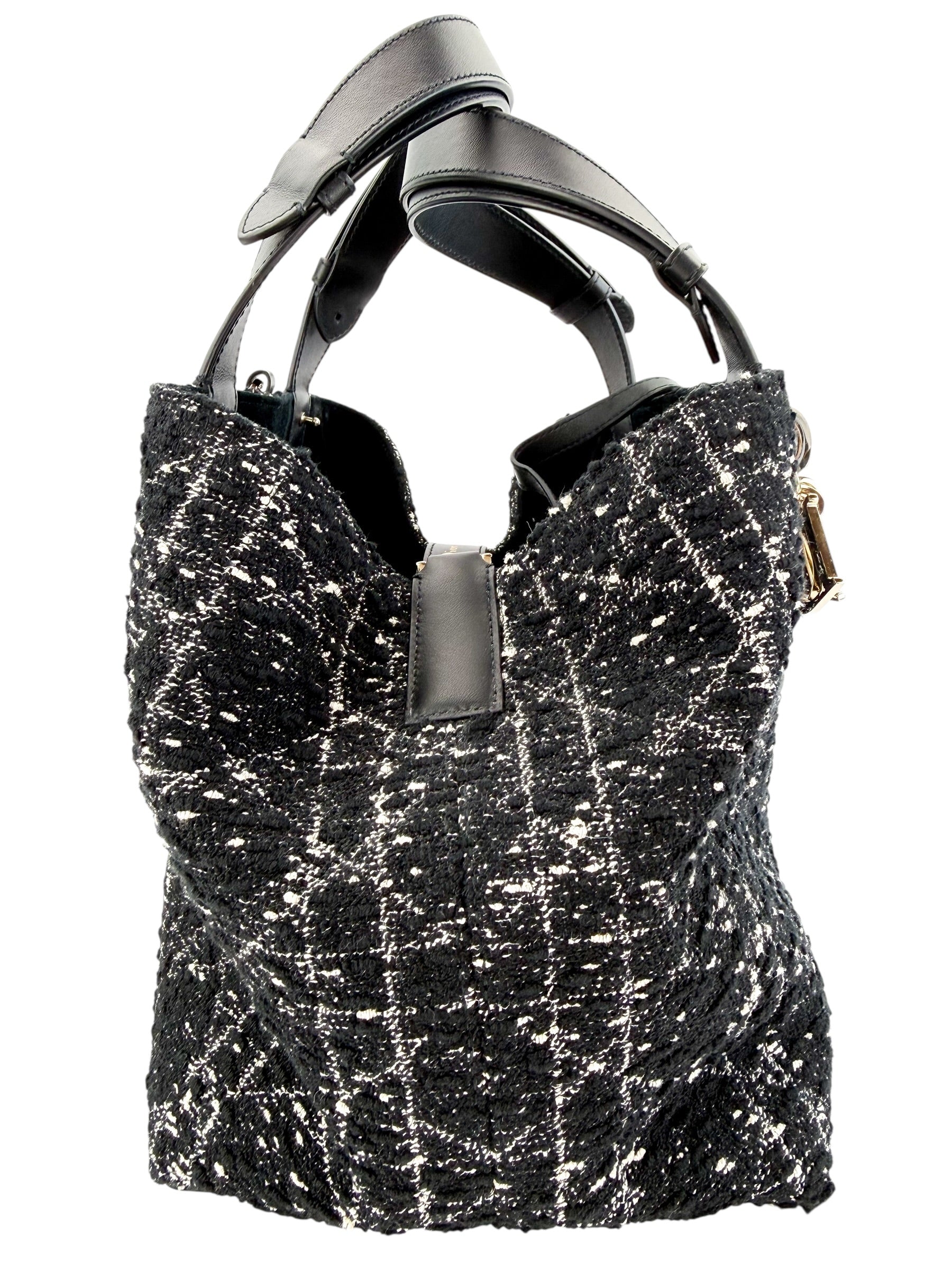 Christian Dior Tweed Cannage Medium Toujours Black White w/ Pouch (Full Set)