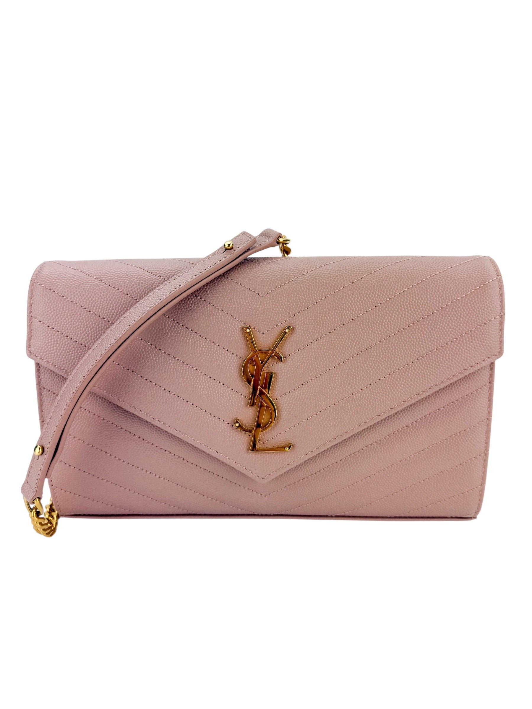 Saint Laurent Grain De Poudre Matelasse Chevron Envelope Wallet on Chain Beige (Full Set)