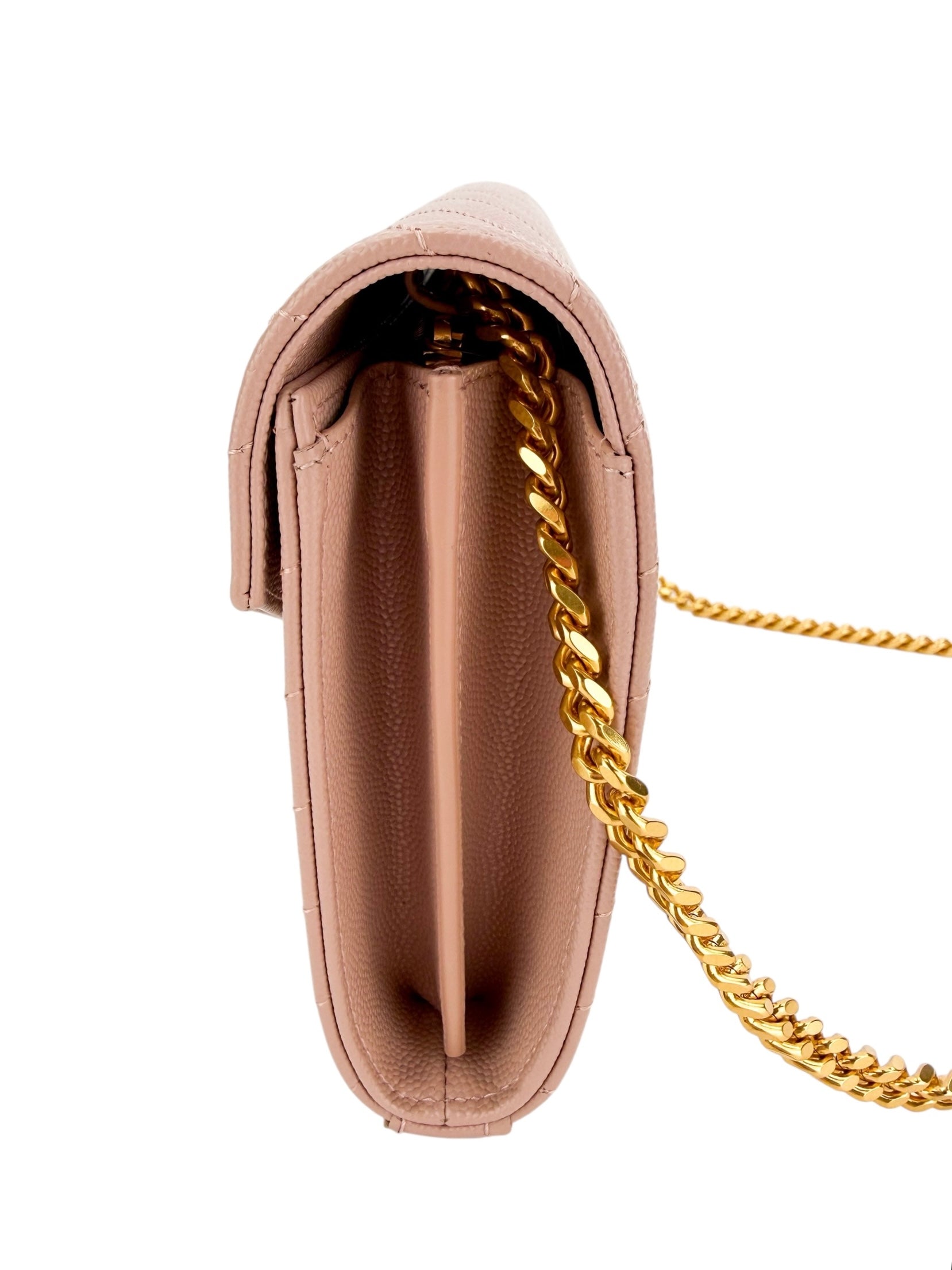 Saint Laurent Grain De Poudre Matelasse Chevron Envelope Wallet on Chain Beige (Full Set)