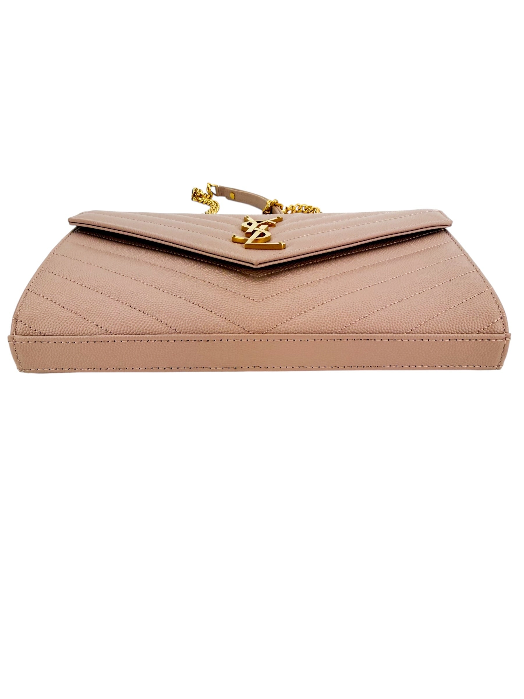 Saint Laurent Grain De Poudre Matelasse Chevron Envelope Wallet on Chain Beige (Full Set)