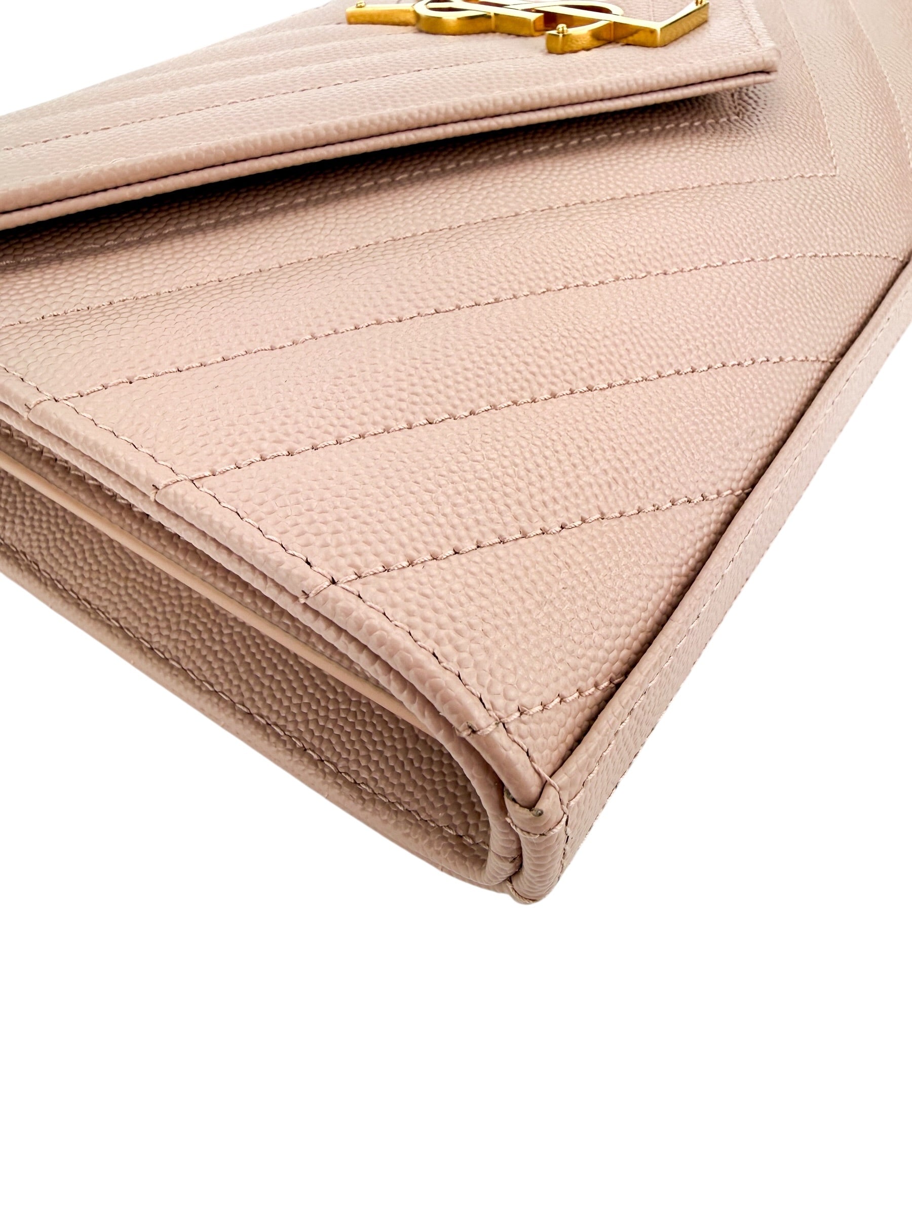 Saint Laurent Grain De Poudre Matelasse Chevron Envelope Wallet on Chain Beige (Full Set)