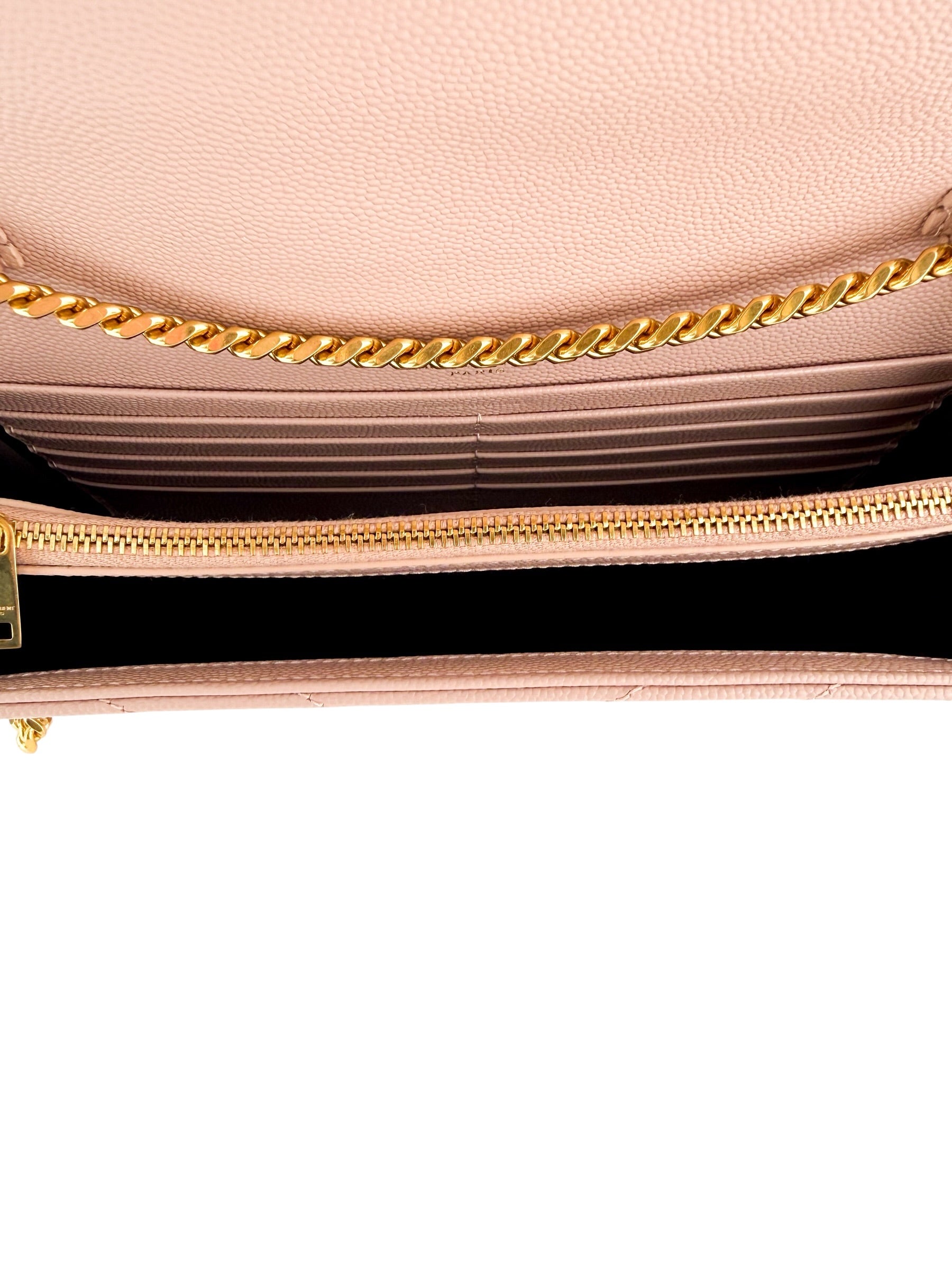 Saint Laurent Grain De Poudre Matelasse Chevron Envelope Wallet on Chain Beige (Full Set)