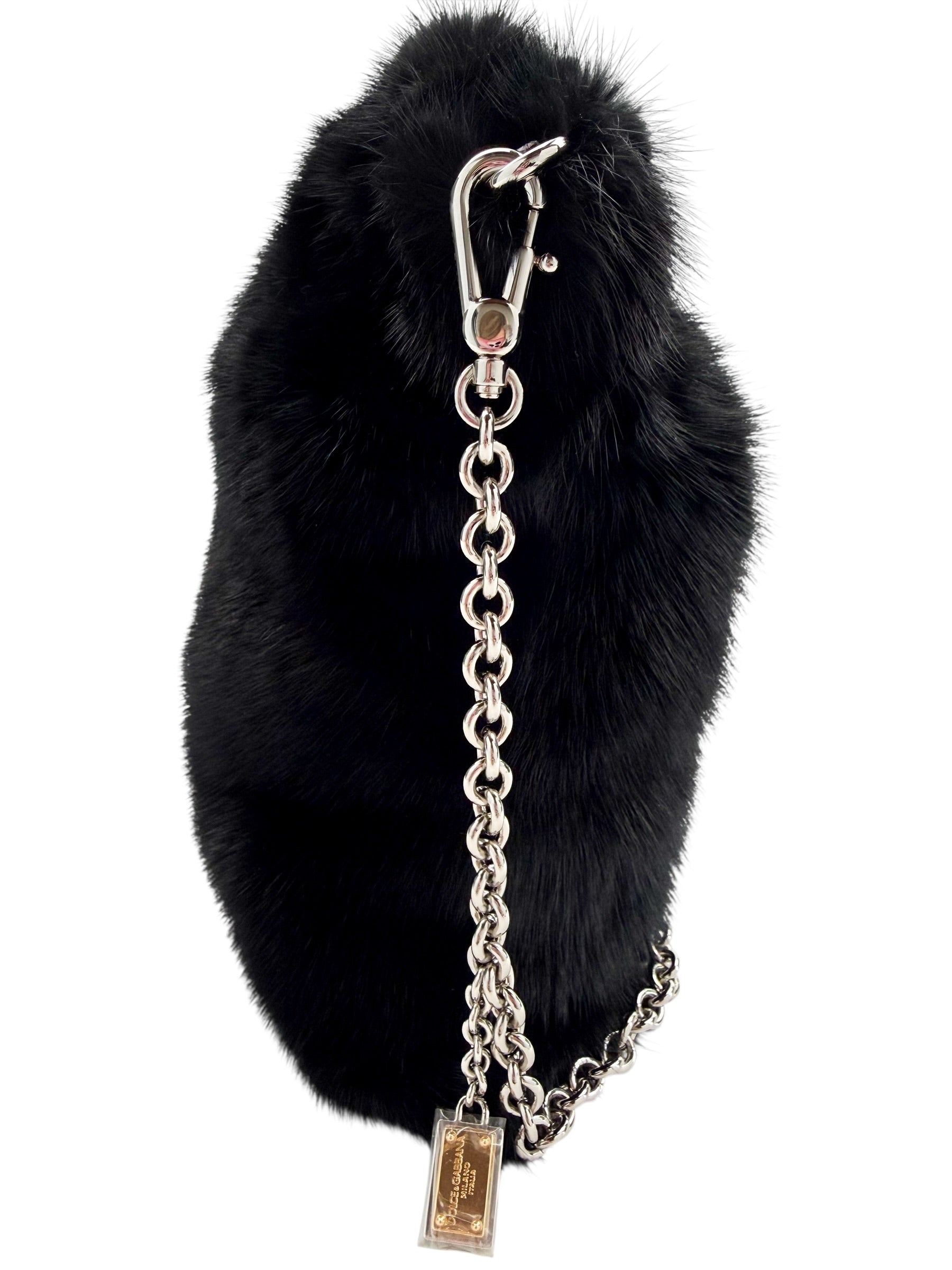 Dolce & Gabbana Black Faux Fur Silver Chain Crossbody Bag (NWT)