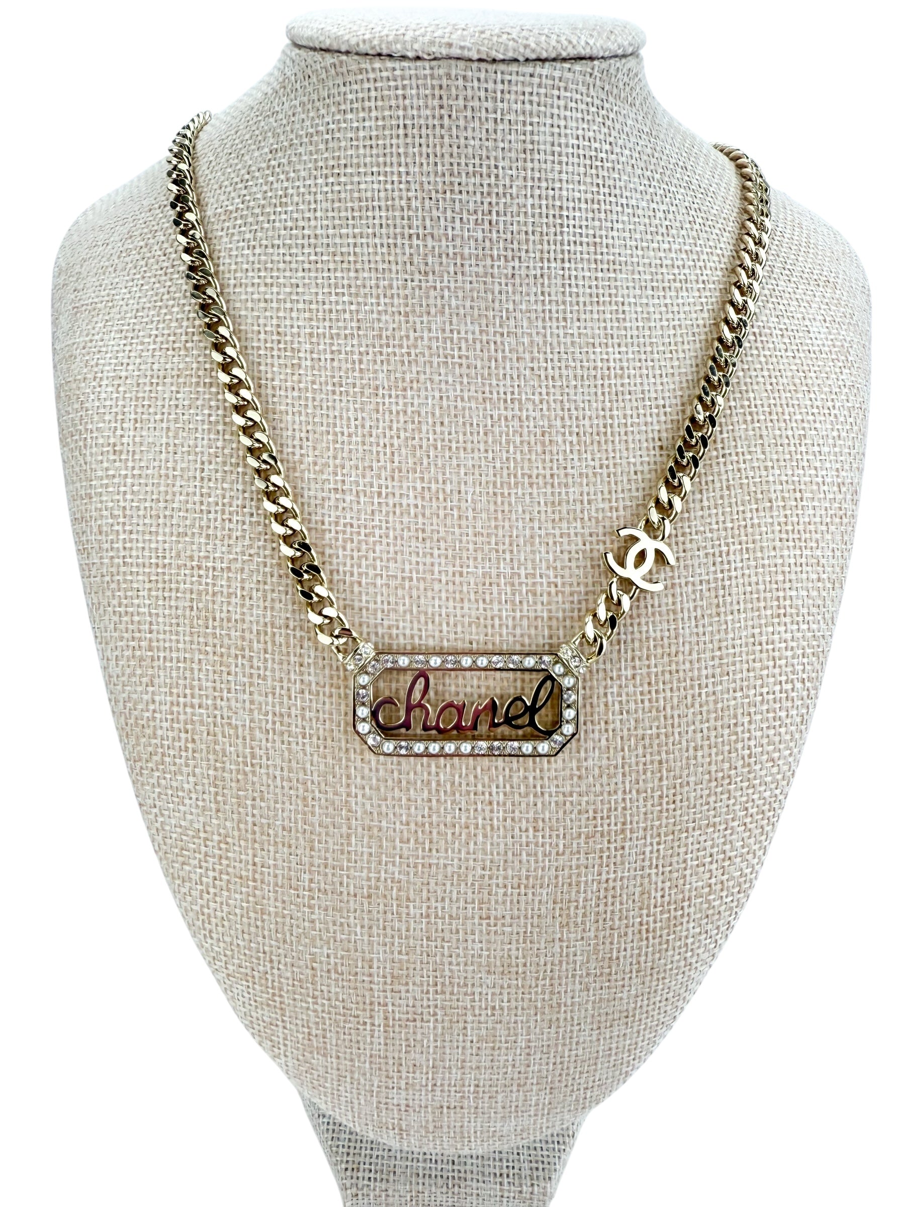 Chanel Crystal Pearl Nameplate Chain Necklace (Full Set)