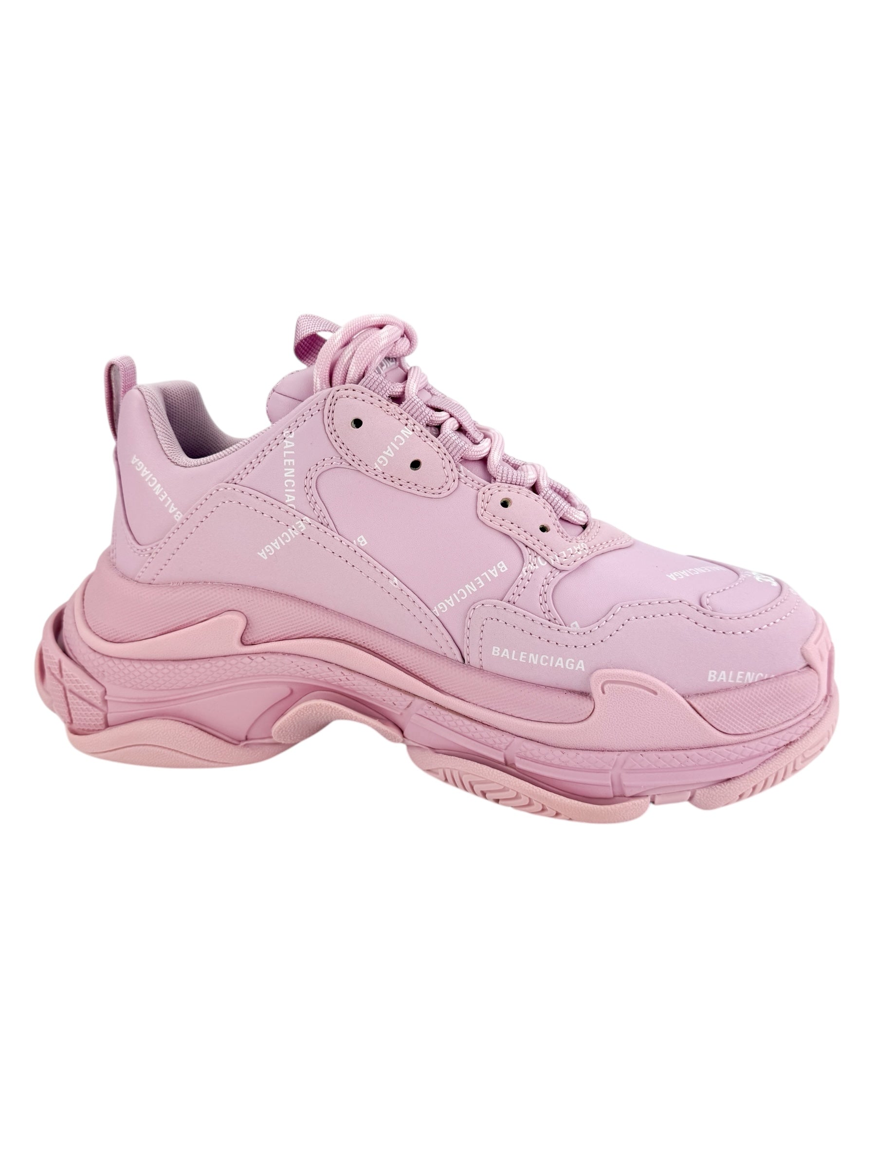 Balenciaga Leather All Over Logo Triple S Sneakers Size 39 Pink