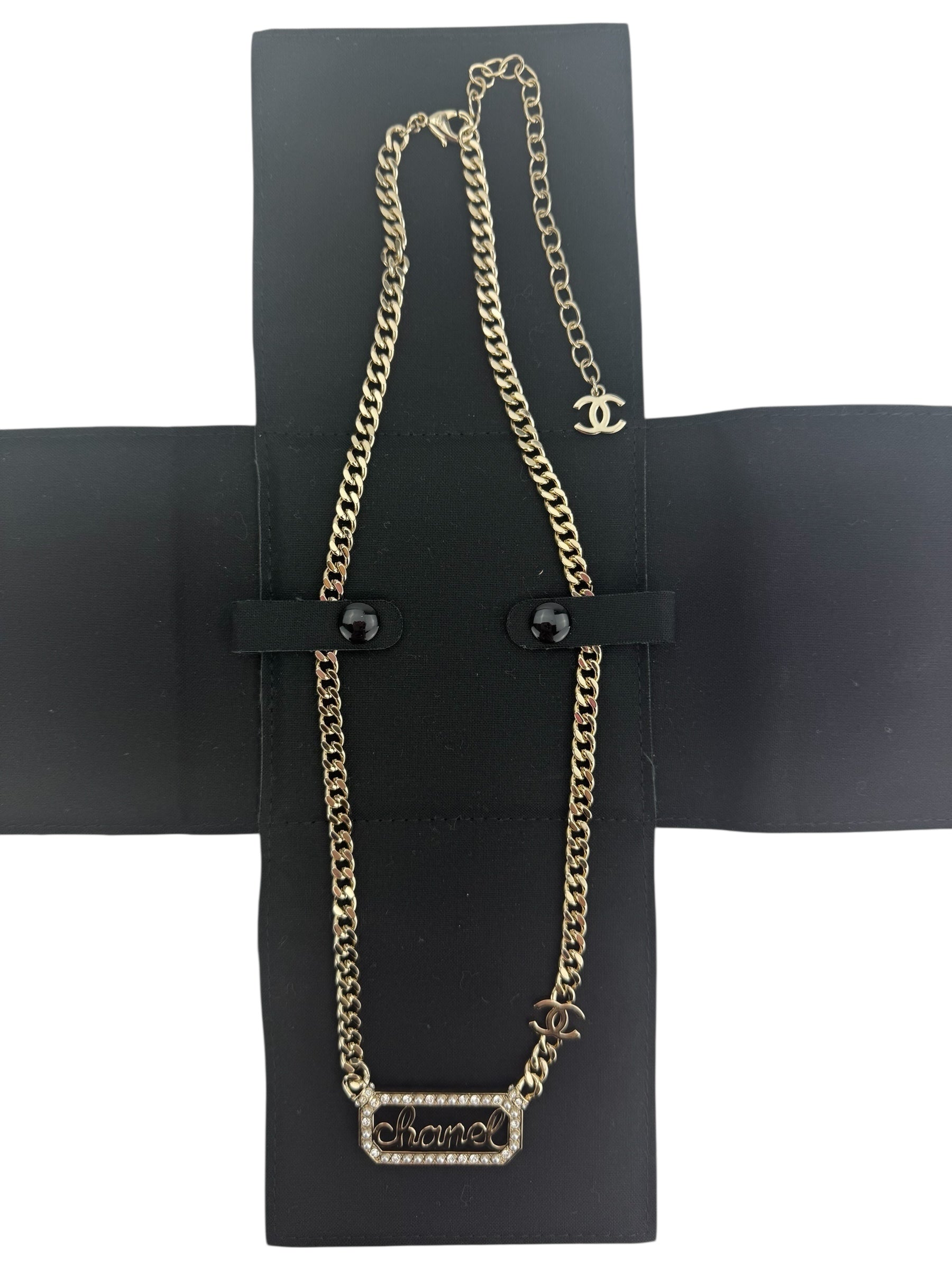 Chanel Crystal Pearl Nameplate Chain Necklace (Full Set)