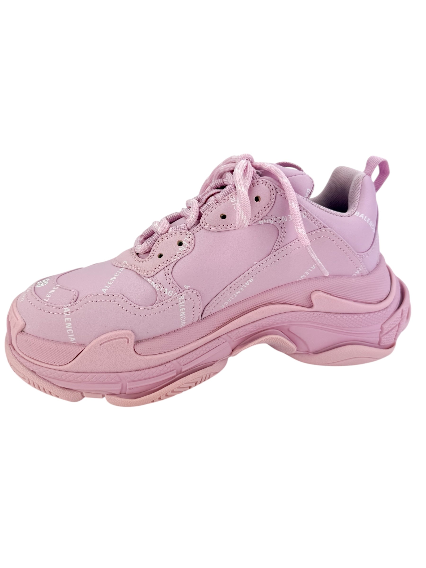 Balenciaga Leather All Over Logo Triple S Sneakers Size 39 Pink