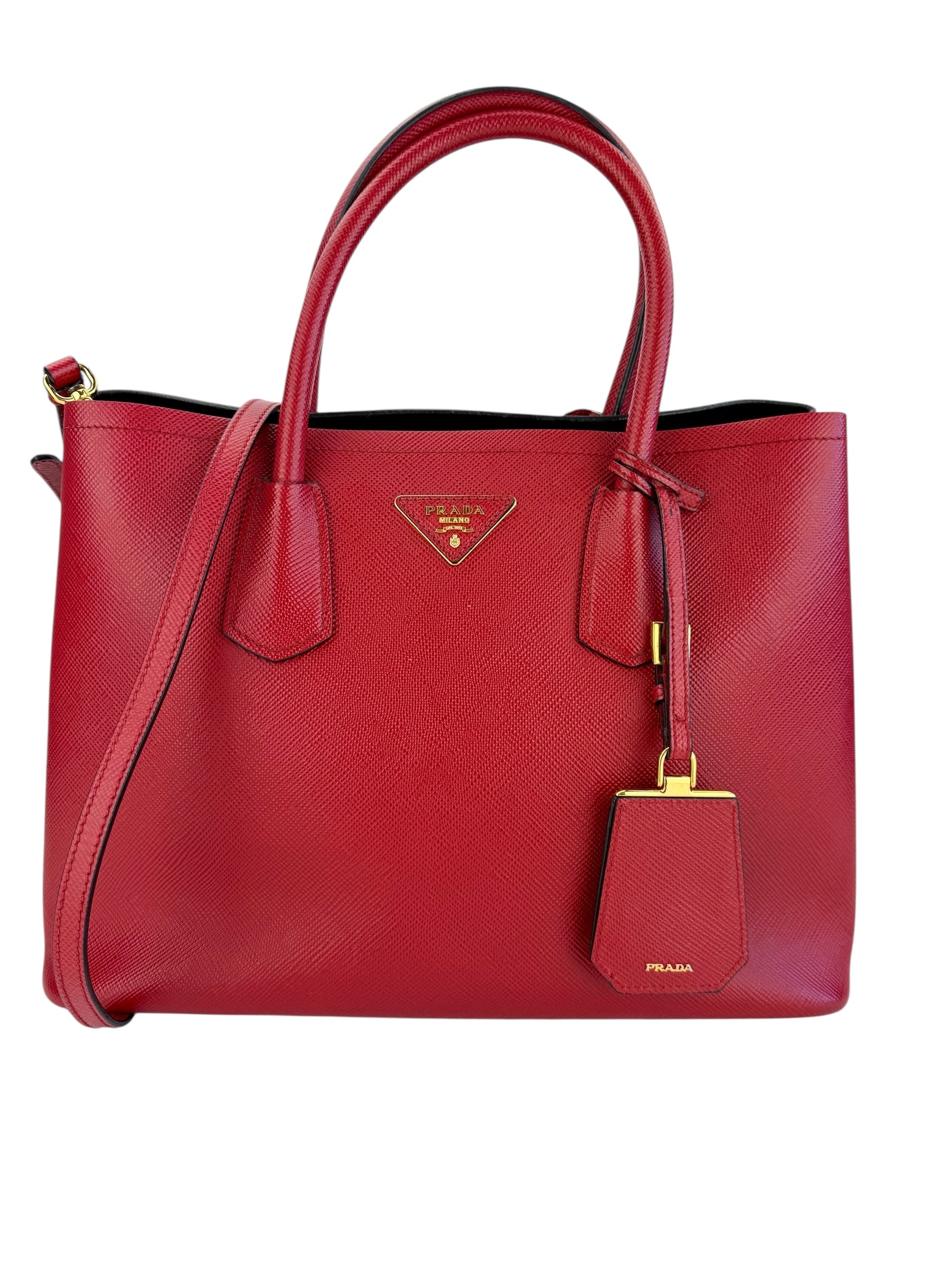 Prada Red Saffiano Cuir Medium Double Tote