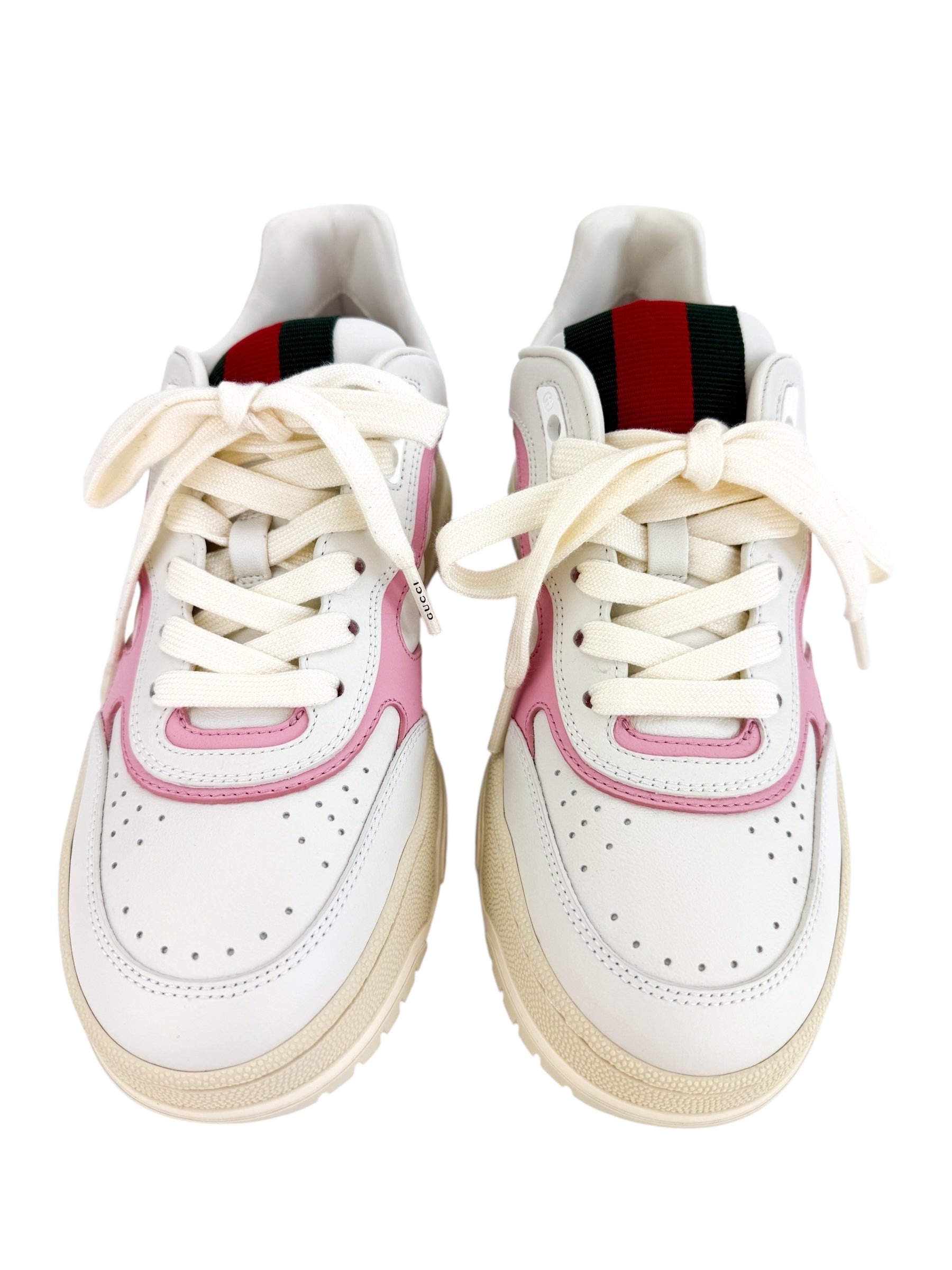 Gucci Calfskin Womens Re-Web Sneakers Size 37.5 White Pink