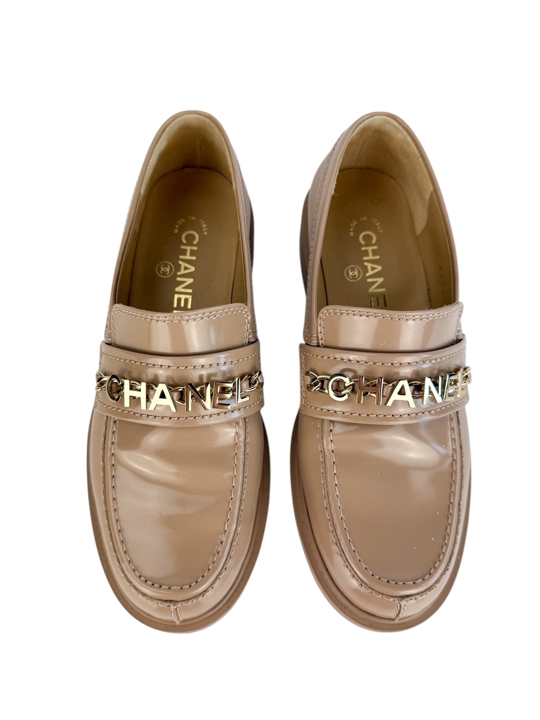 Chanel Beige Shiny Calfskin Loafers Size 37 (Full Set)