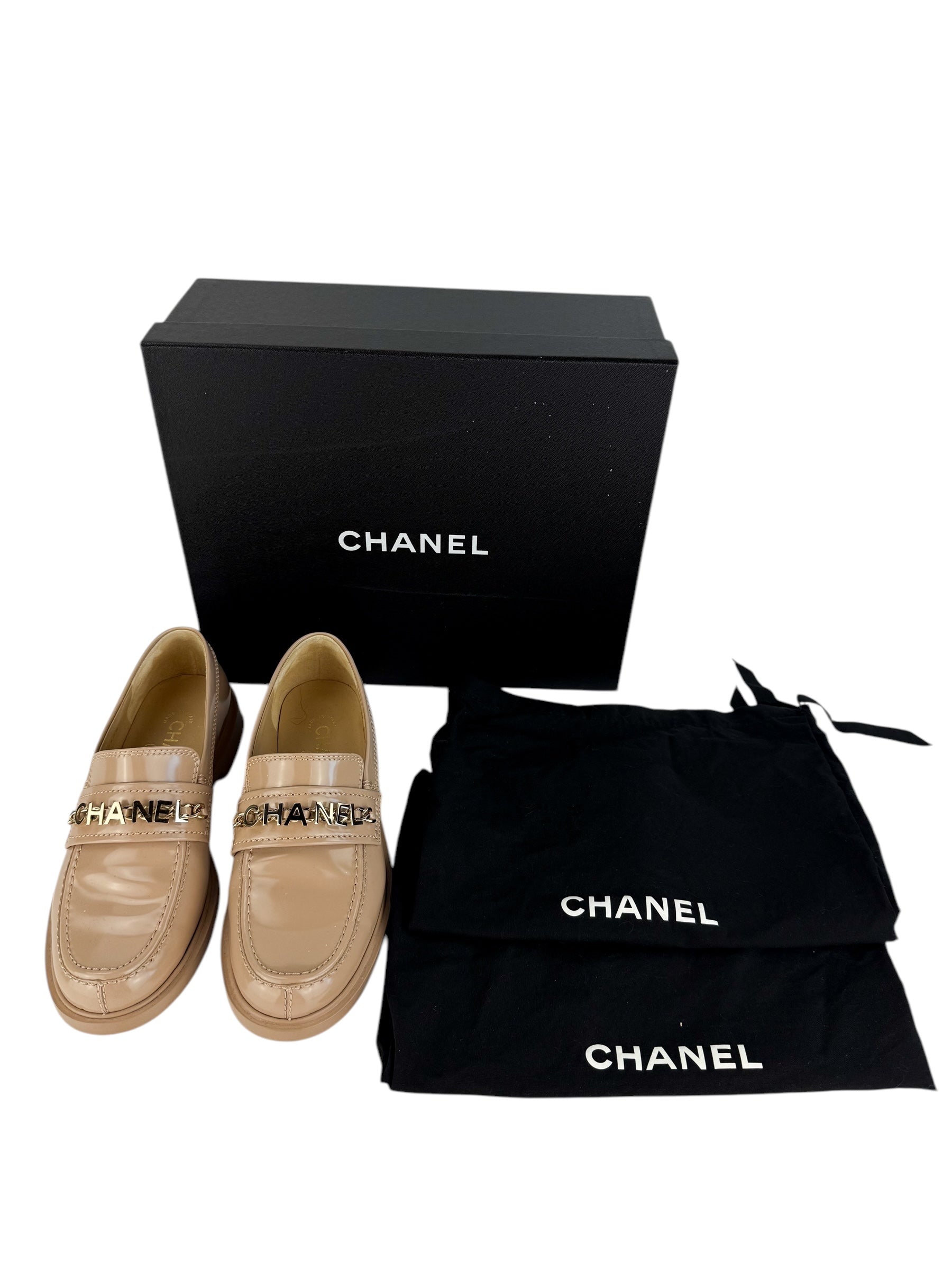 Chanel Beige Shiny Calfskin Loafers Size 37 (Full Set)