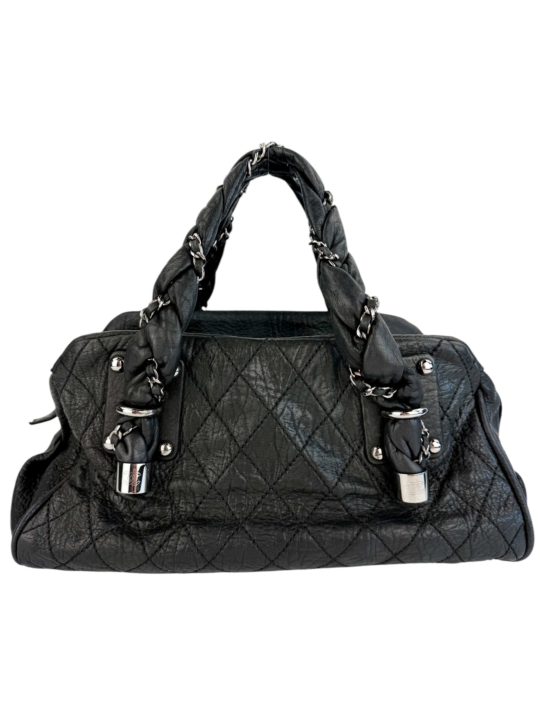 Chanel Black Distressed Leather Lady Braid Bowler Bag