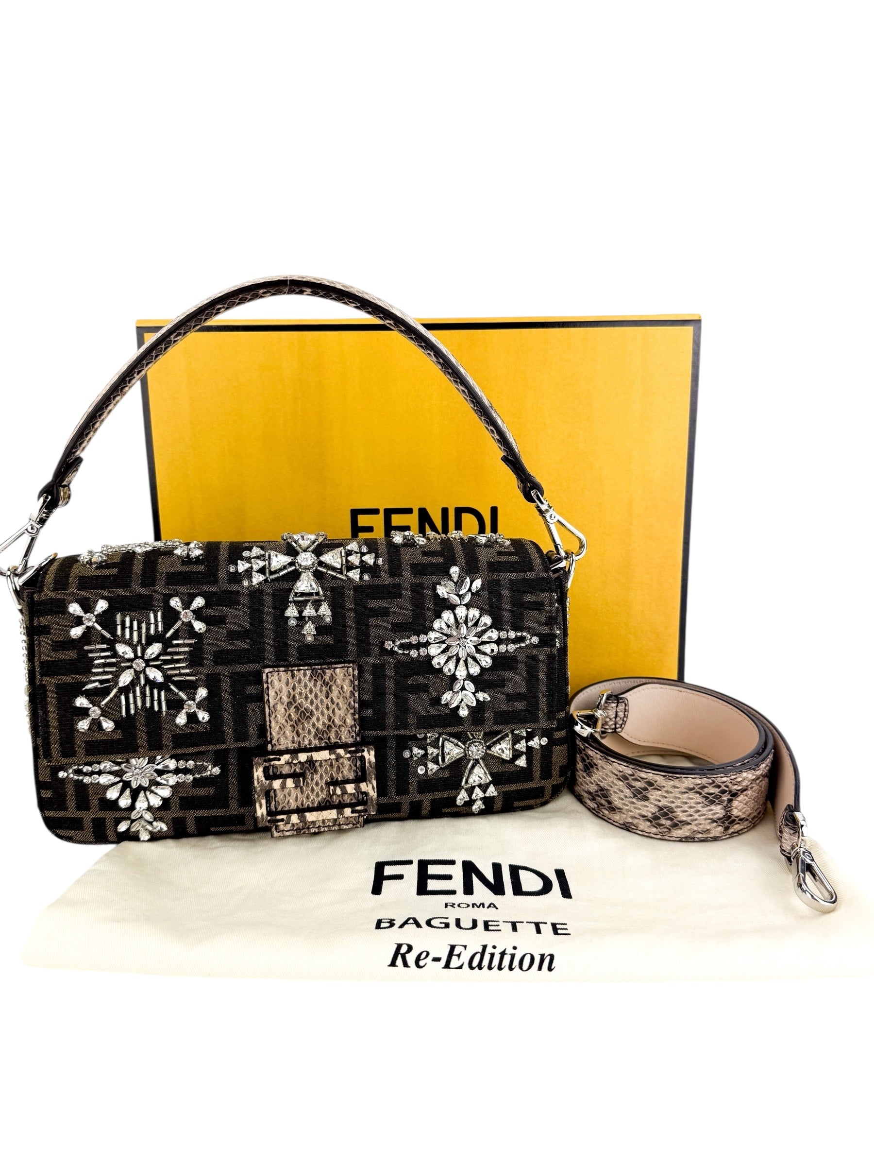 Fendi Re-Edition Zucca Canvas Crystal Embellished Baguette (Full Set)