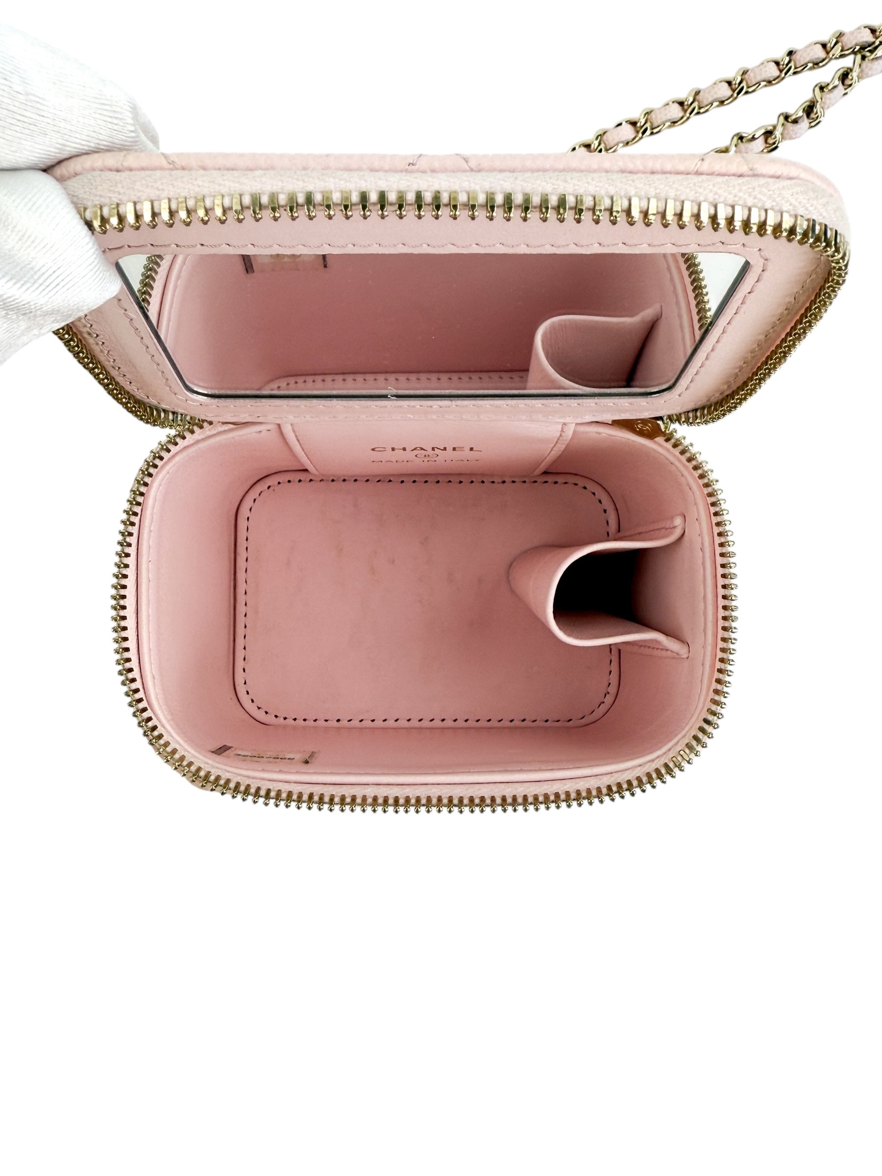 Chanel Light Pink Quilted Caviar Mini Vanity Case