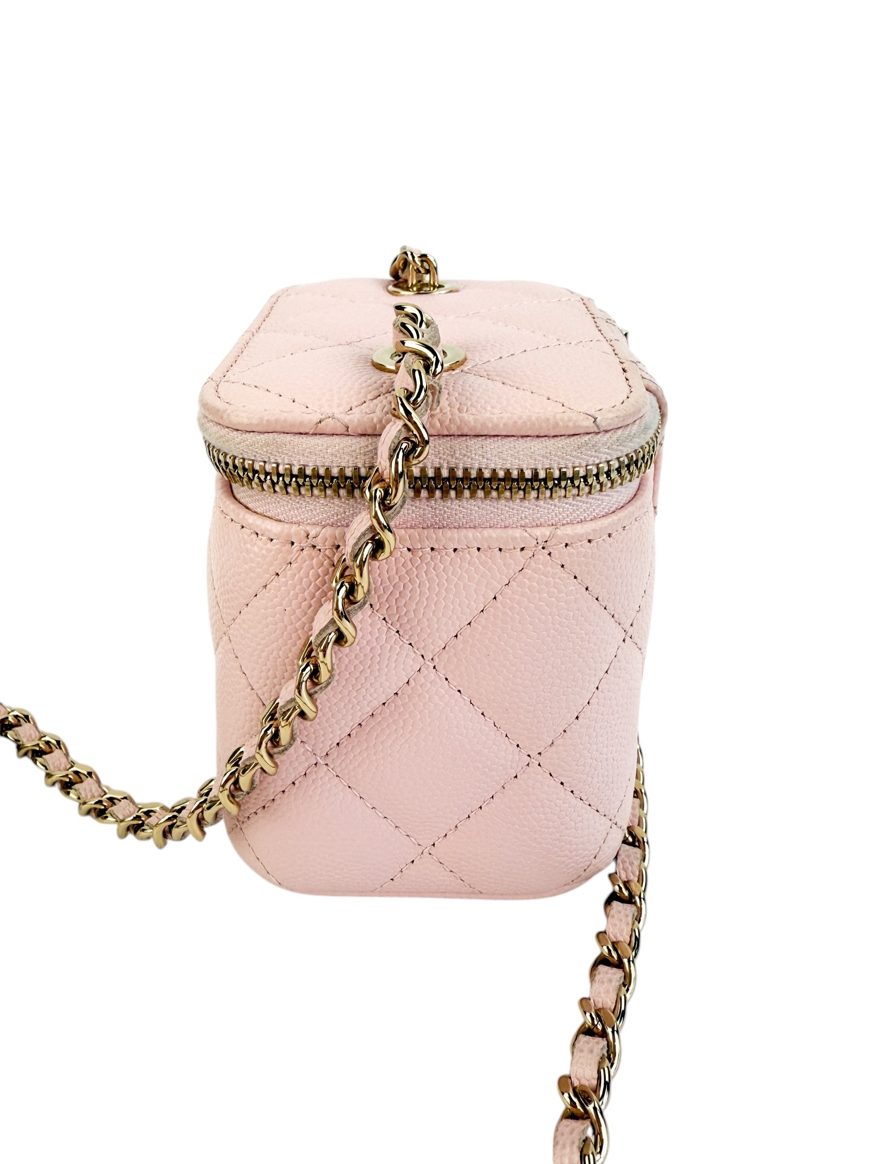 Chanel Light Pink Quilted Caviar Mini Vanity Case