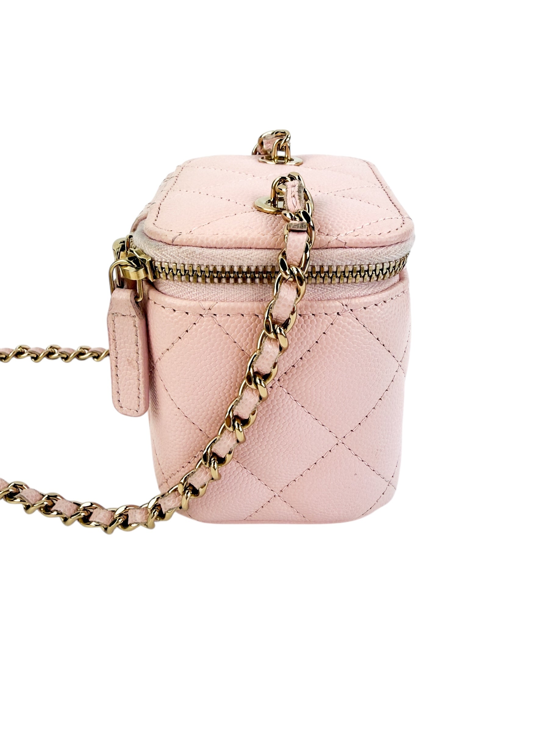 Chanel Light Pink Quilted Caviar Mini Vanity Case