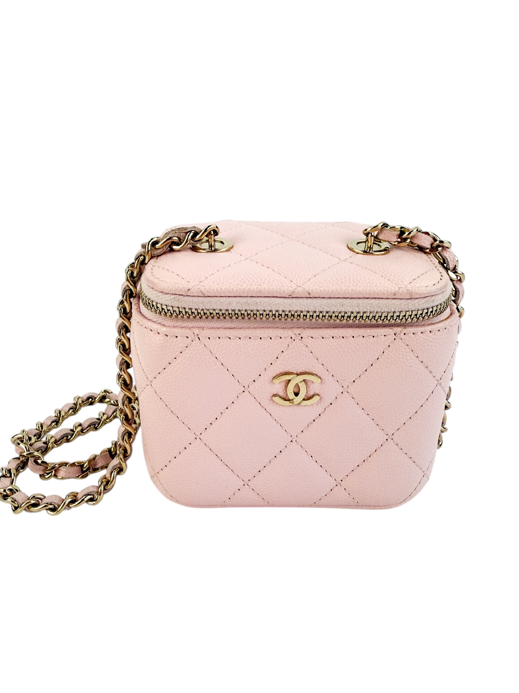 Chanel Light Pink Quilted Caviar Mini Vanity Case