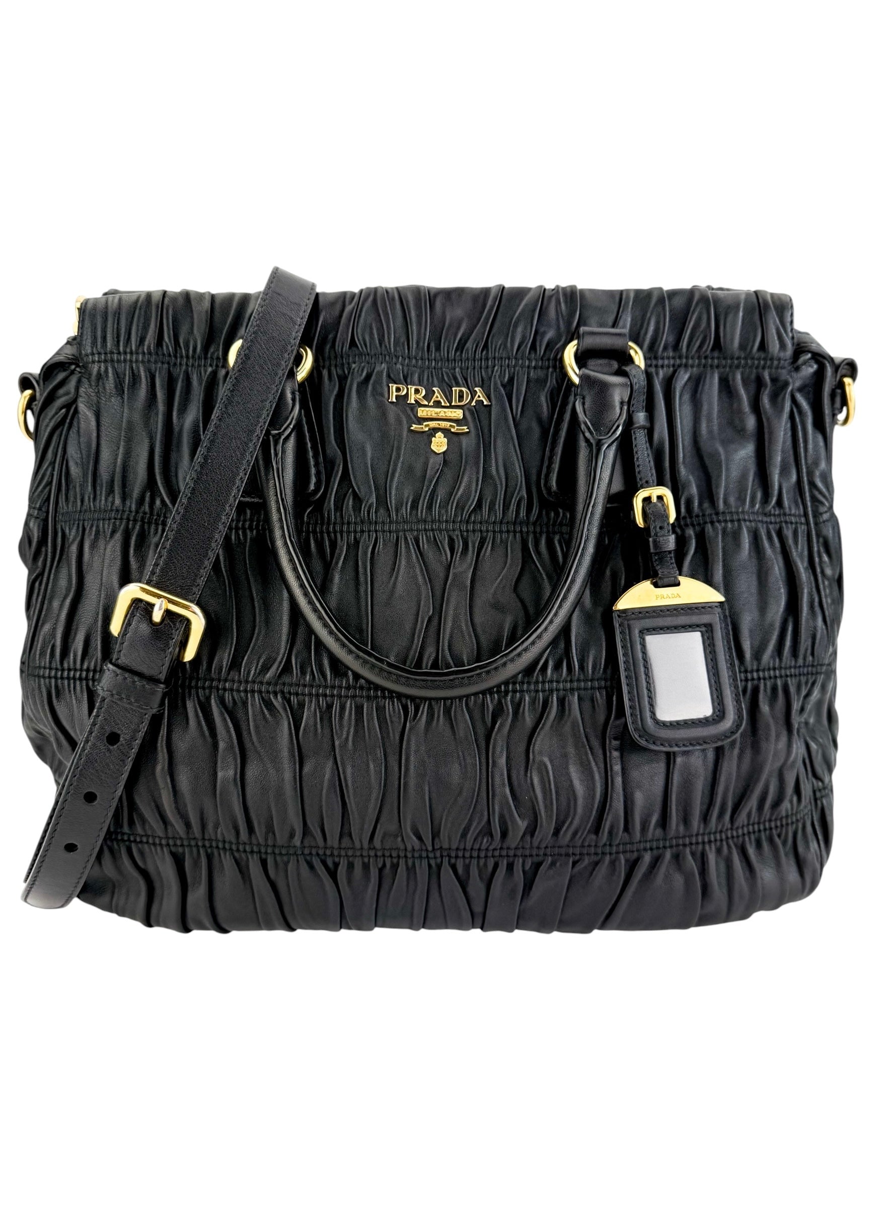 Prada Nappa Gaufre Ruched Leather Tote Bag Black