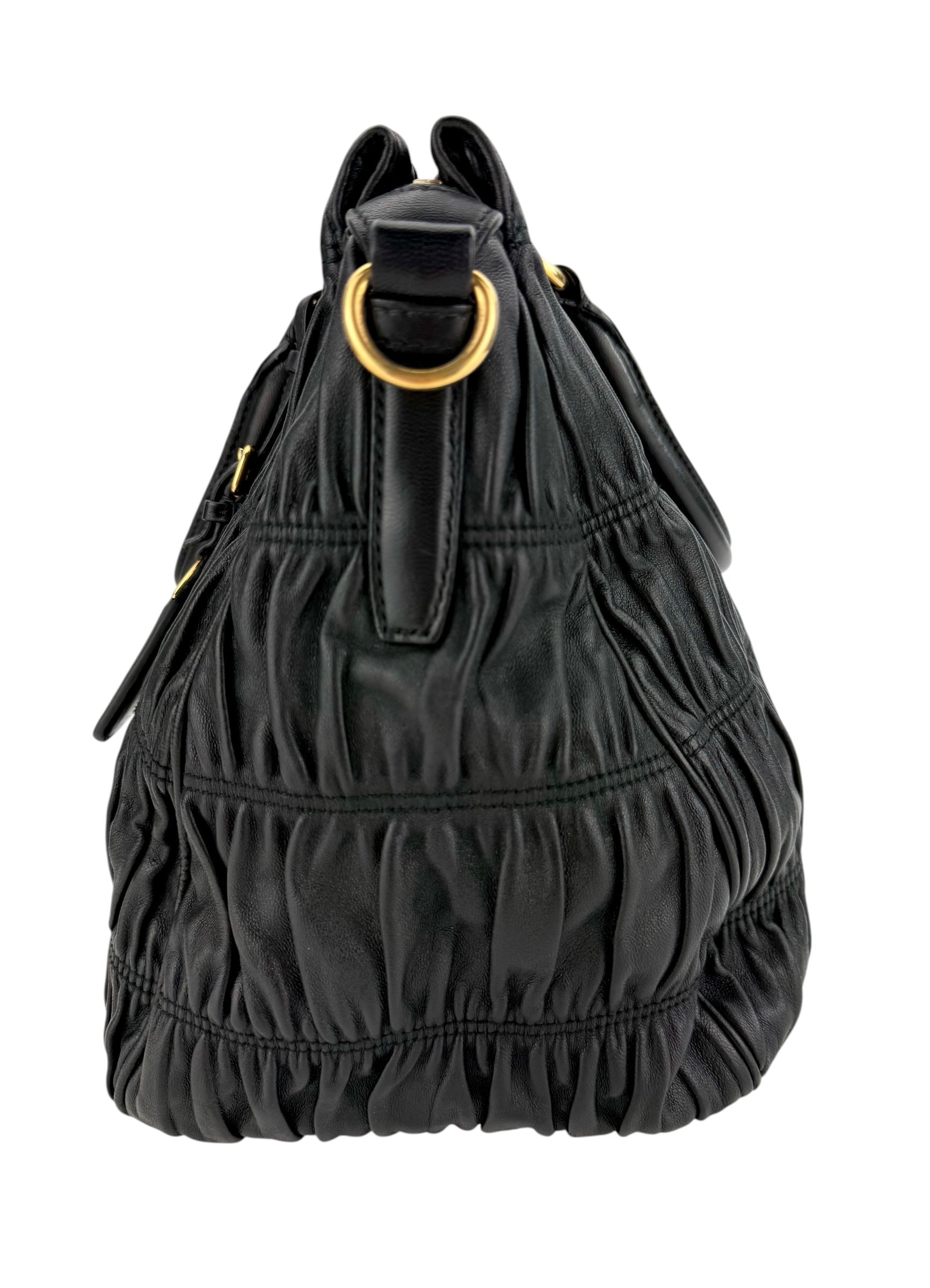 Prada Nappa Gaufre Ruched Leather Tote Bag Black