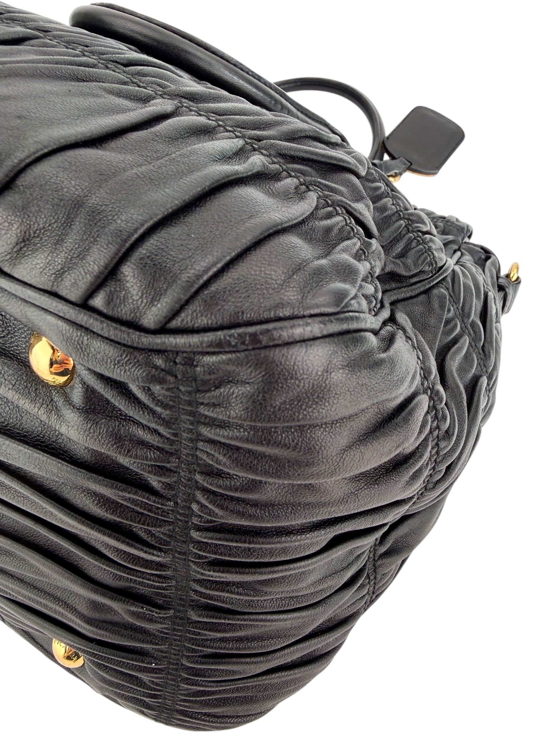 Prada Nappa Gaufre Ruched Leather Tote Bag Black