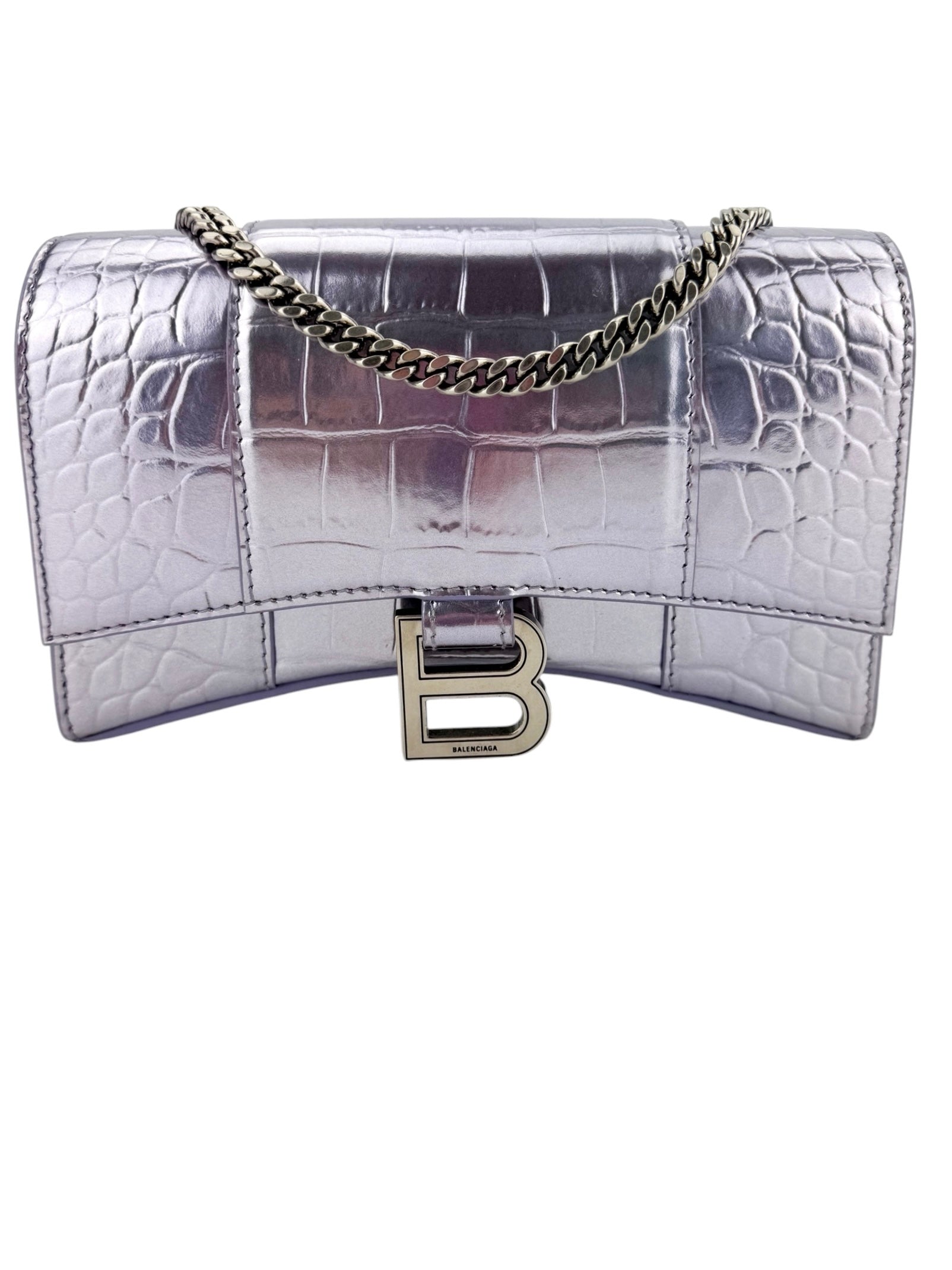Balenciaga Croc Embossed Hourglass Chain Wallet Metallic Lilac