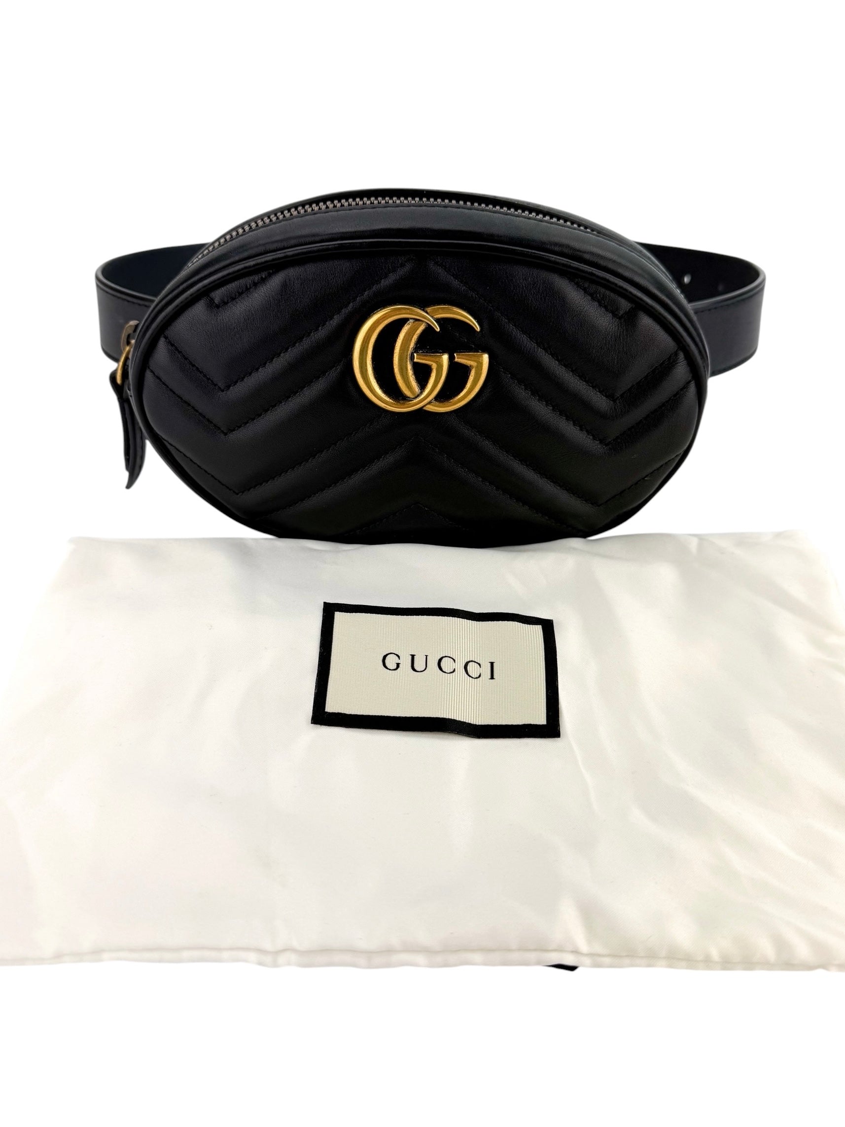 Gucci Calfskin Matelasse GG Marmont Belt Bag Black Size 75cm 30 (S)