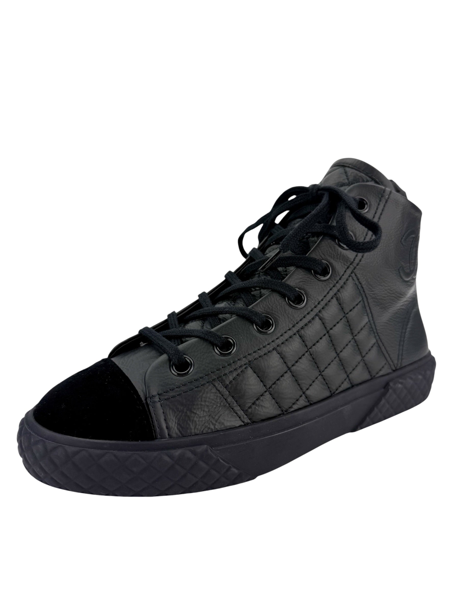 Chanel Calfskin & Velvet High Top Sneaker Black and Navy Blue Size 38.5 (NIB)