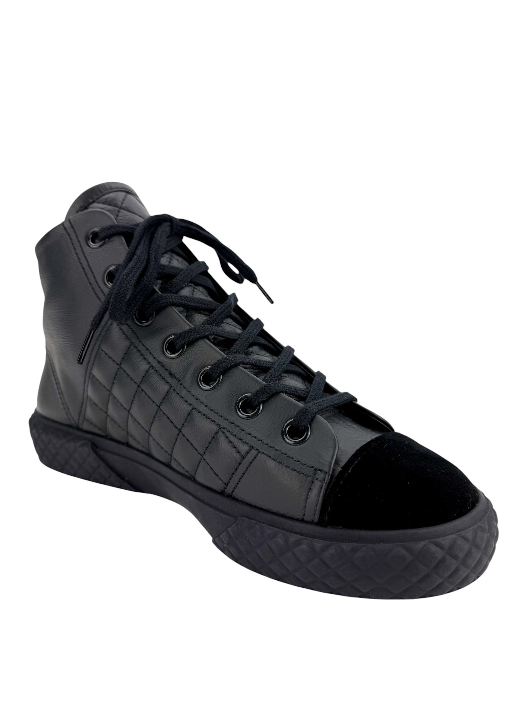 Chanel Calfskin & Velvet High Top Sneaker Black and Navy Blue Size 38.5 (NIB)