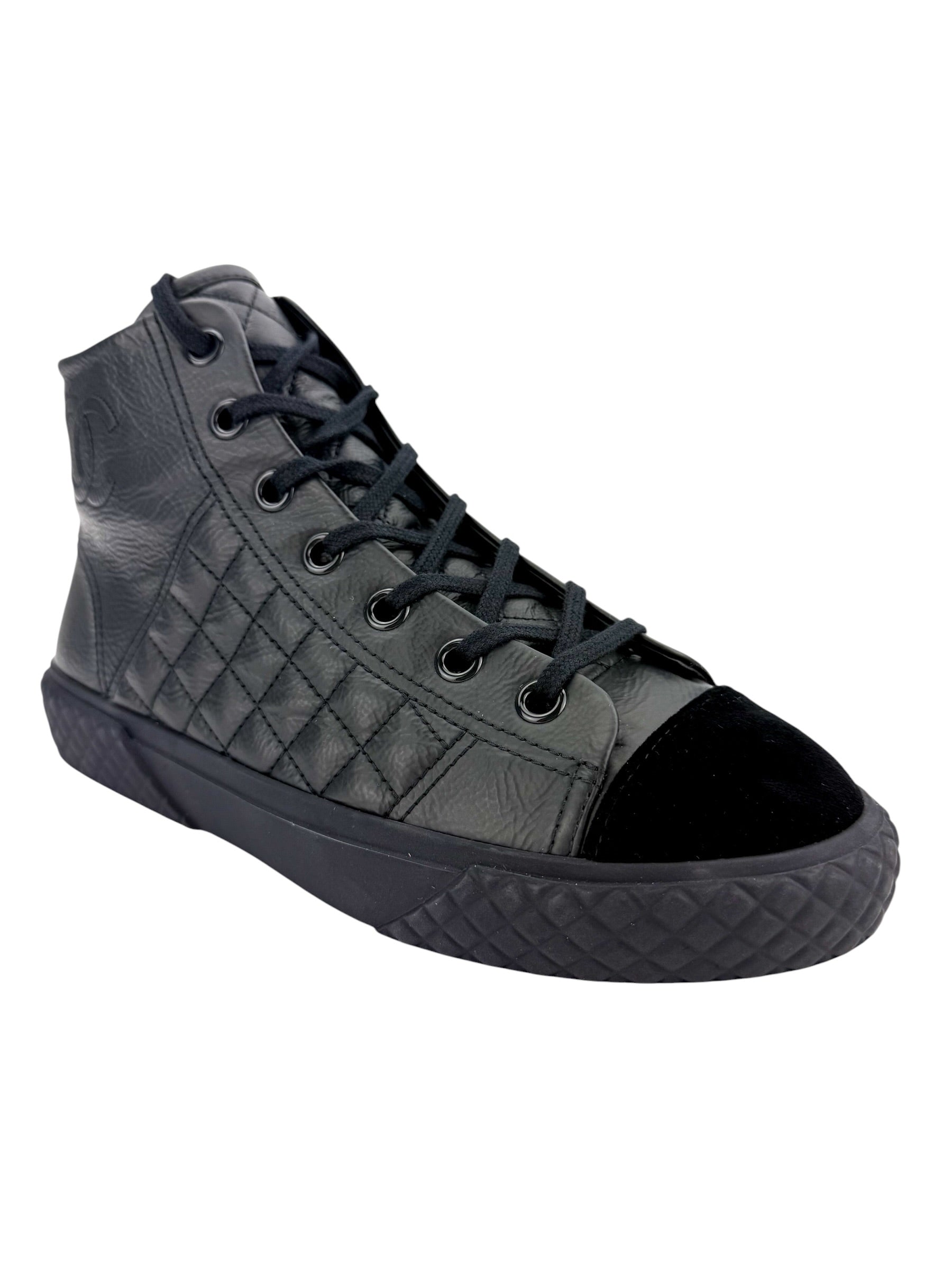 Chanel Calfskin & Velvet High Top Sneaker Black and Navy Blue Size 38.5 (NIB)